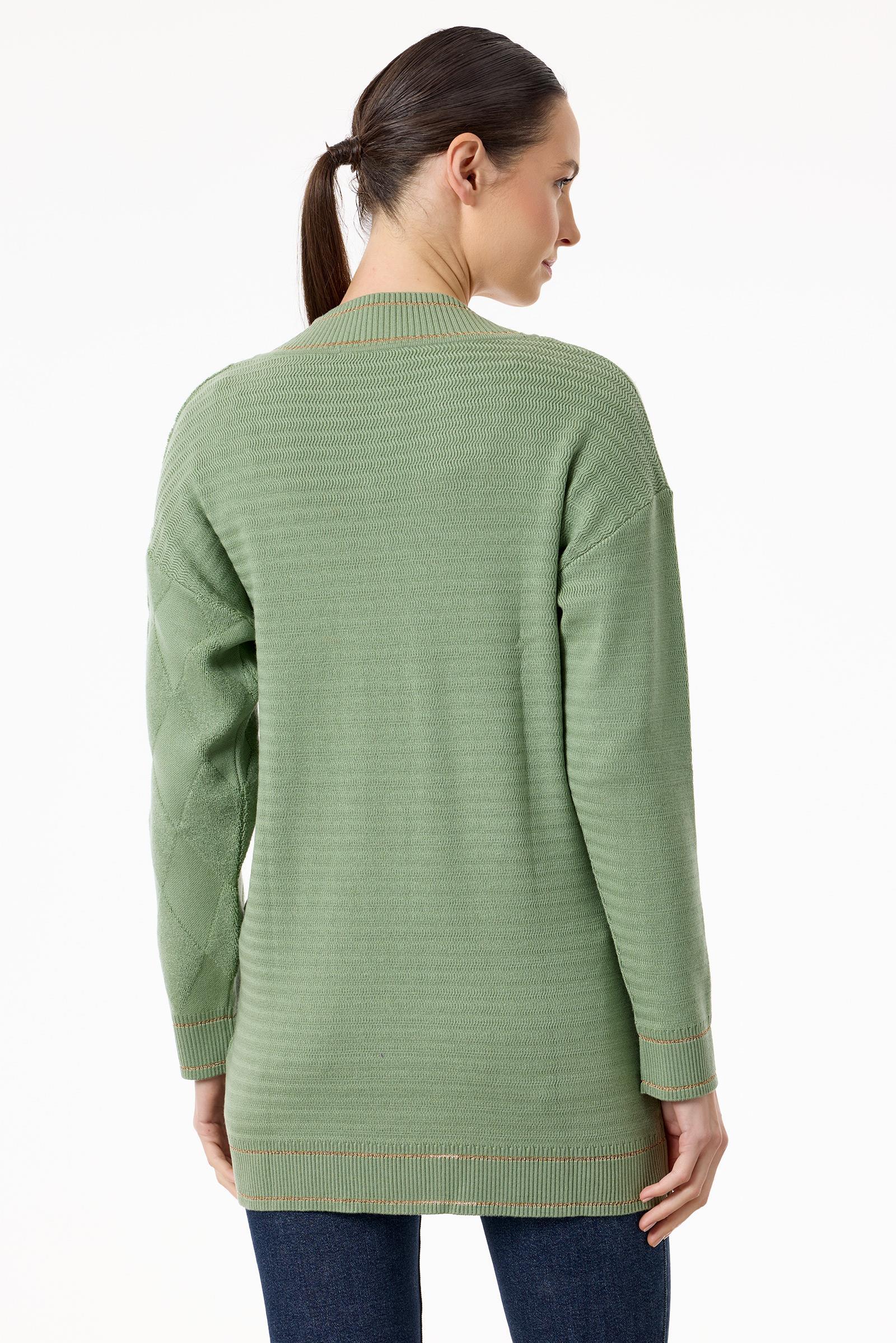 Baklava Deseni Havlu Örgülü Triko Hırka YEŞİL