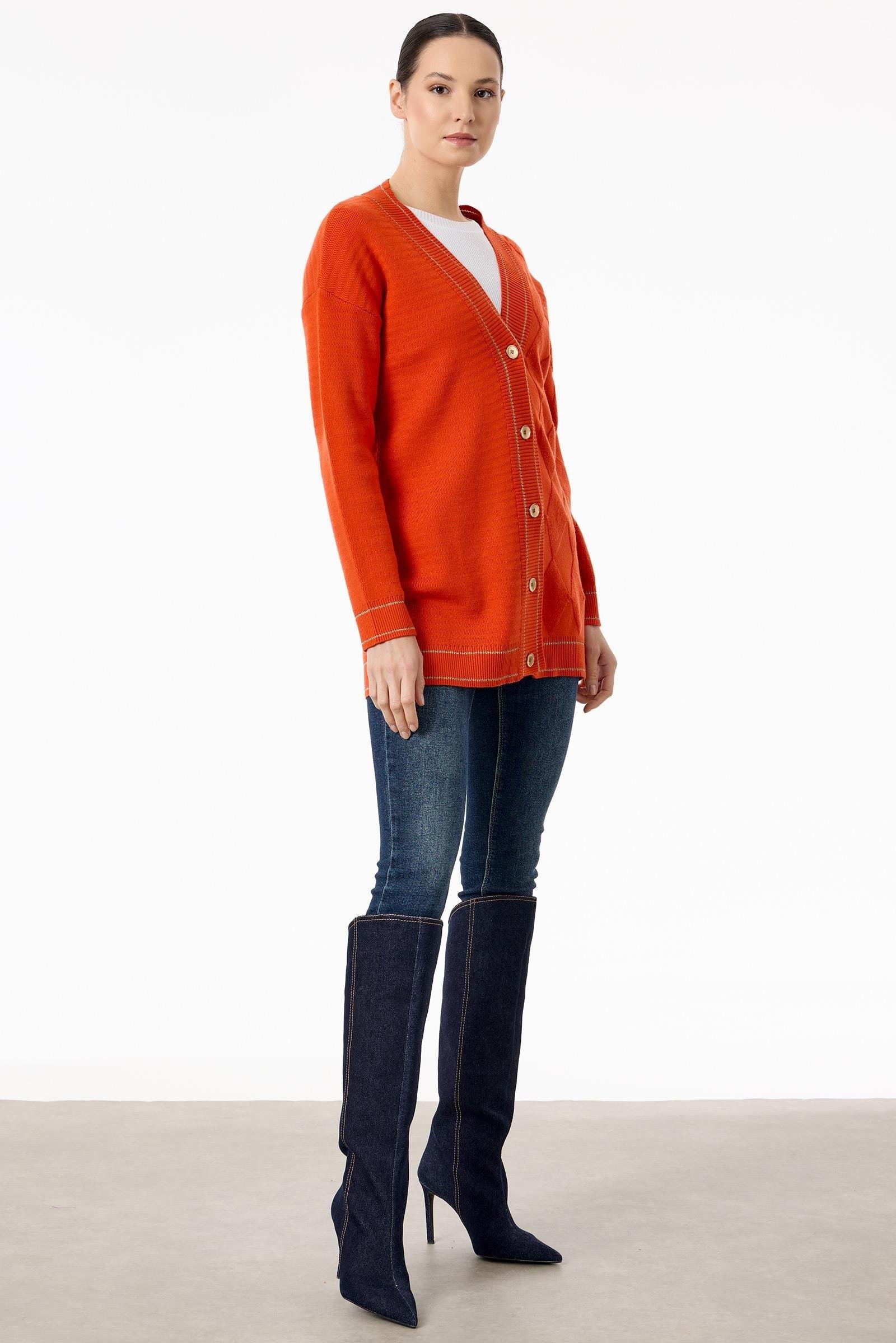 Baklava Deseni Havlu Örgülü Triko Hırka ORANJ