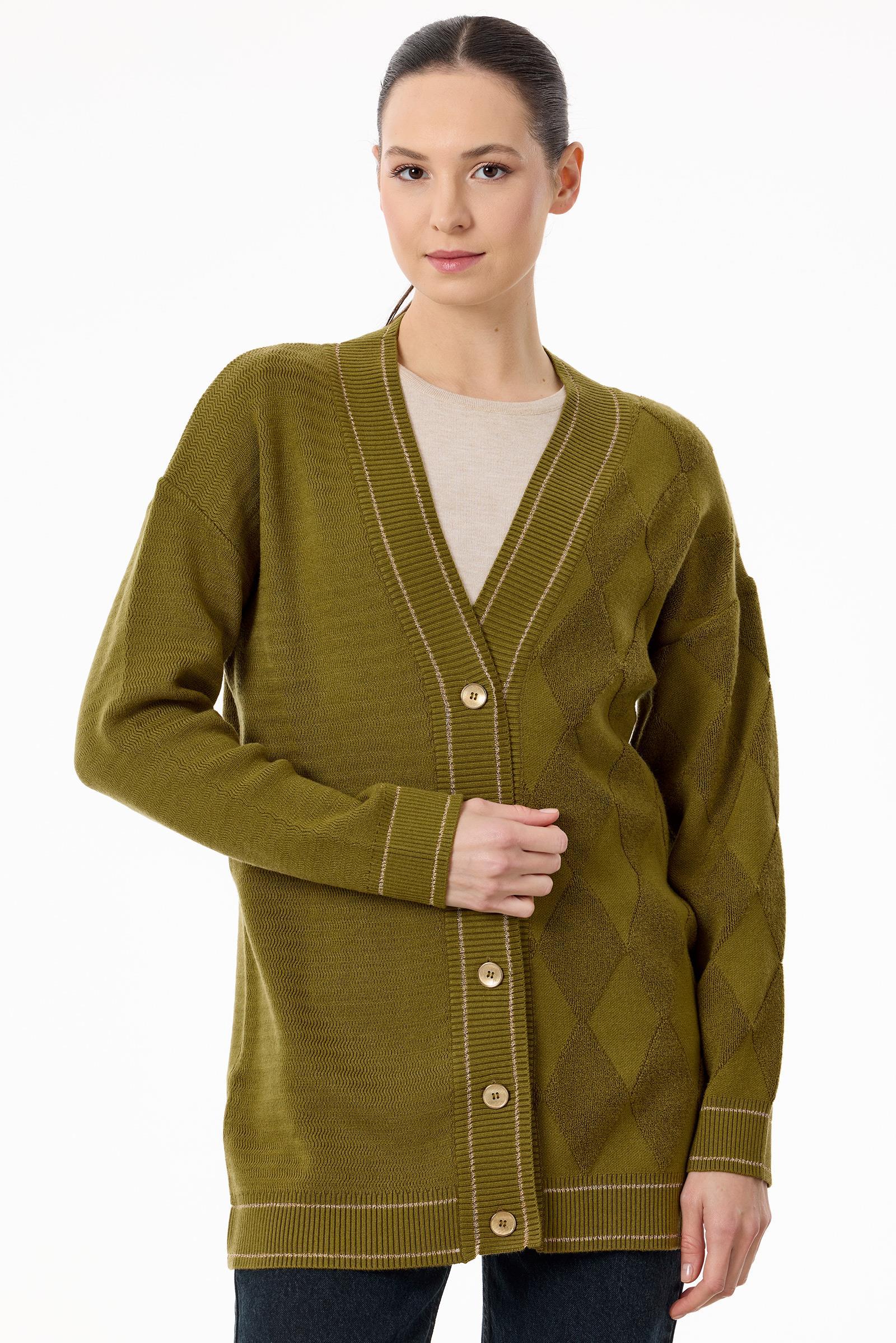 Baklava Deseni Havlu Örgülü Triko Hırka OLİVE