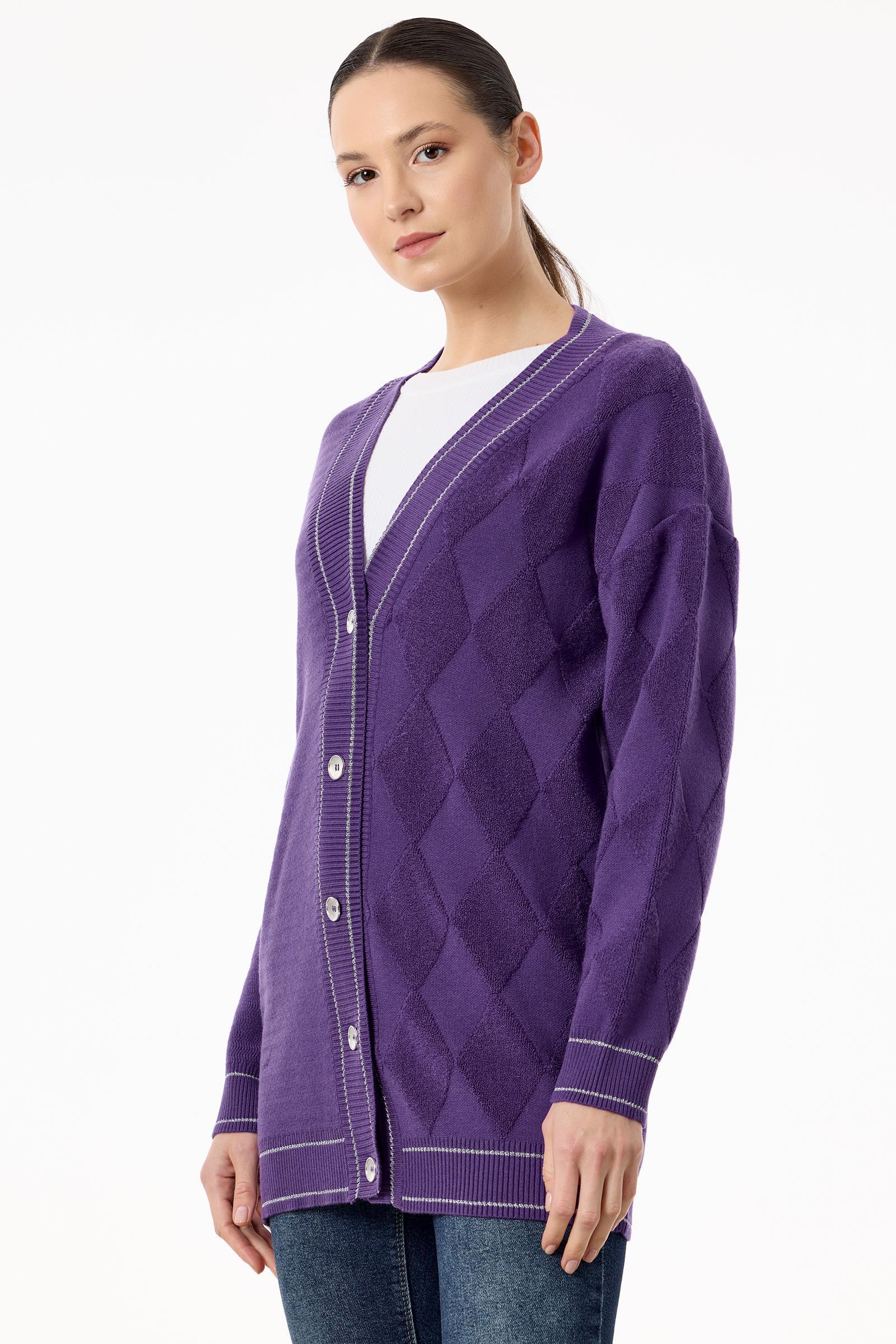 Baklava Deseni Havlu Örgülü Triko Hırka MOR