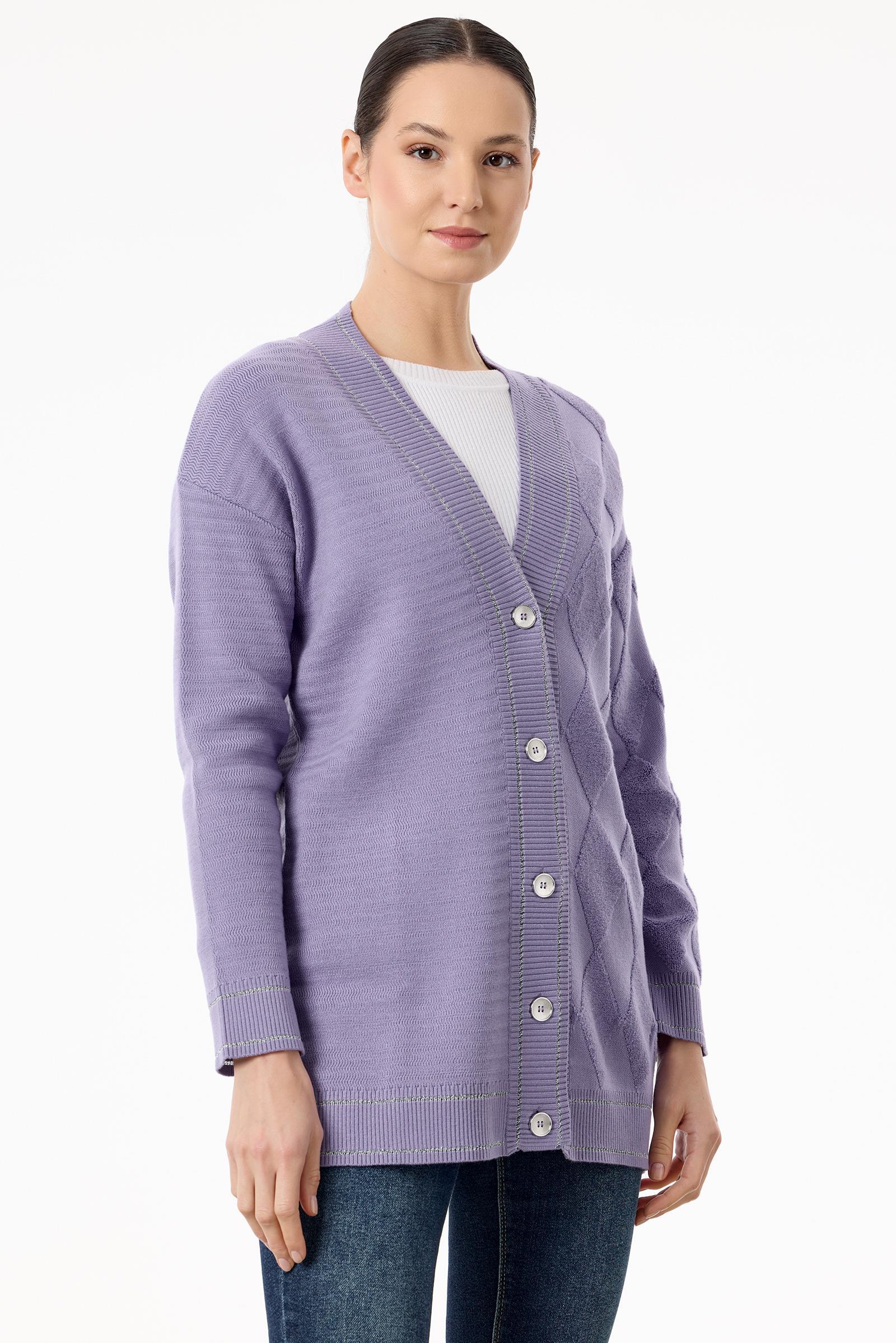 Baklava Deseni Havlu Örgülü Triko Hırka LİLA