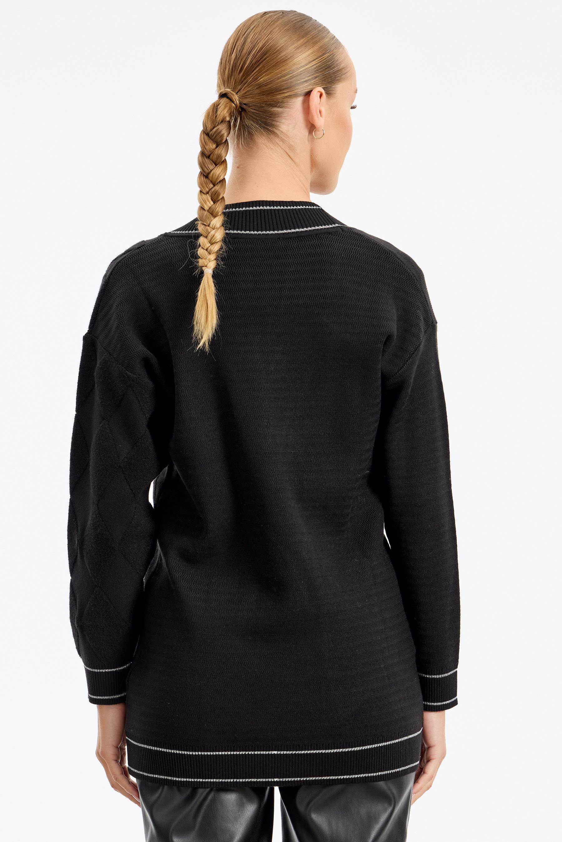 Baklava Deseni Havlu Örgülü Triko Hırka SİYAH