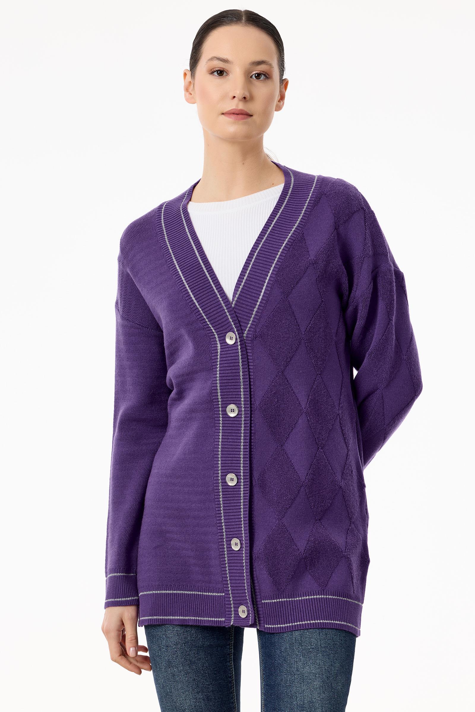 Baklava Deseni Havlu Örgülü Triko Hırka MOR