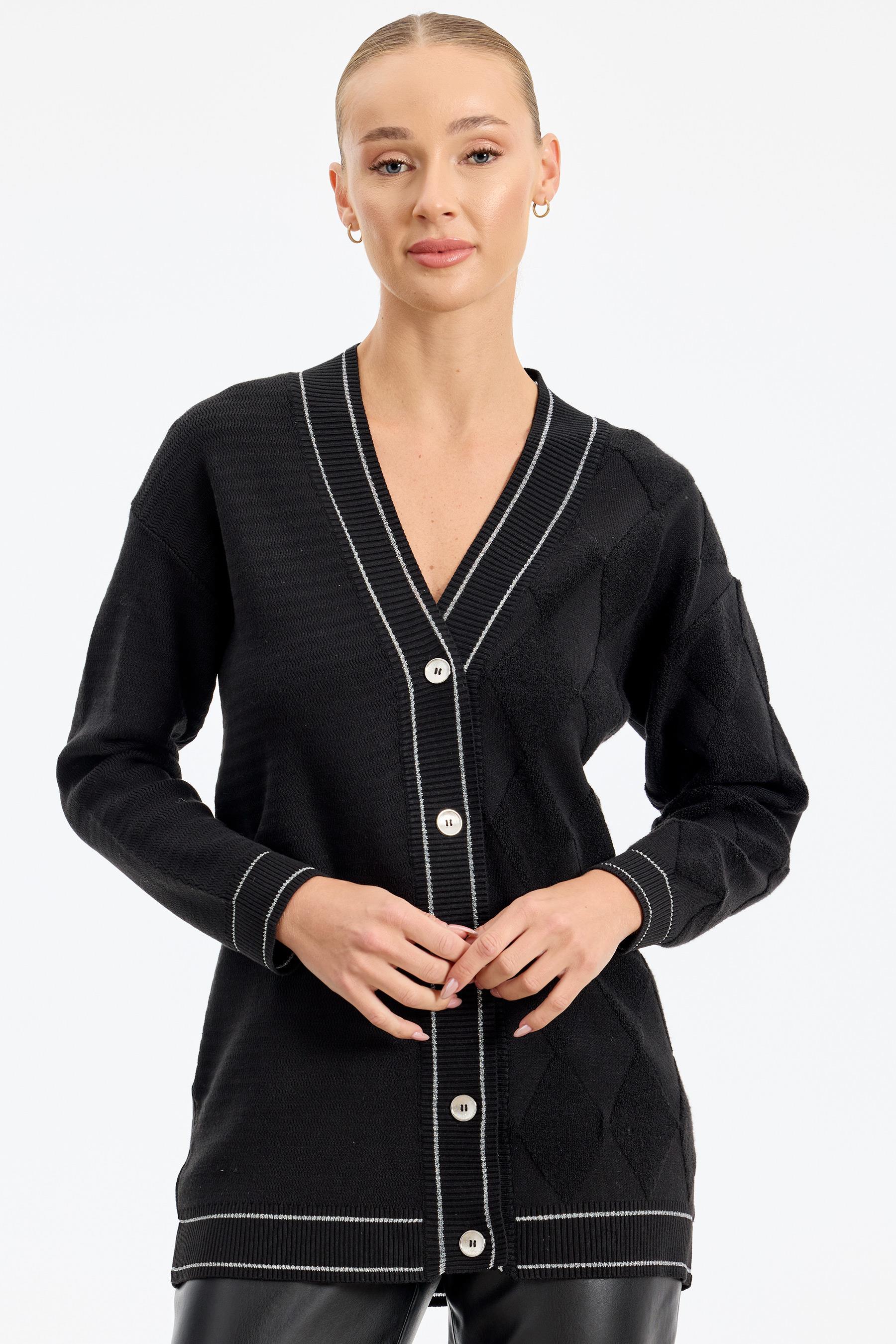 Baklava Deseni Havlu Örgülü Triko Hırka SİYAH