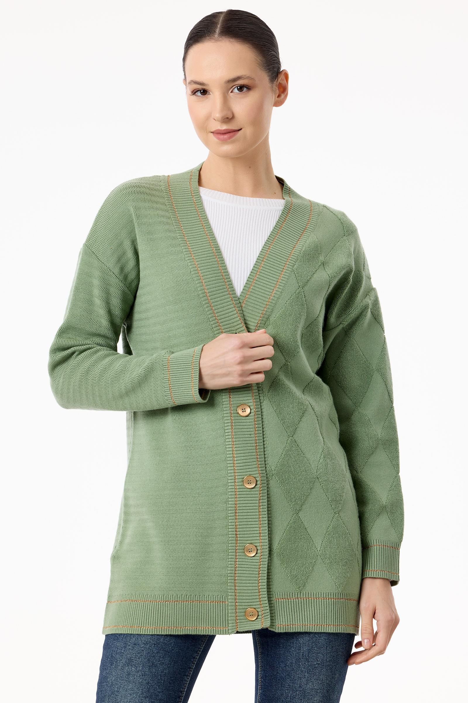 Baklava Deseni Havlu Örgülü Triko Hırka YEŞİL