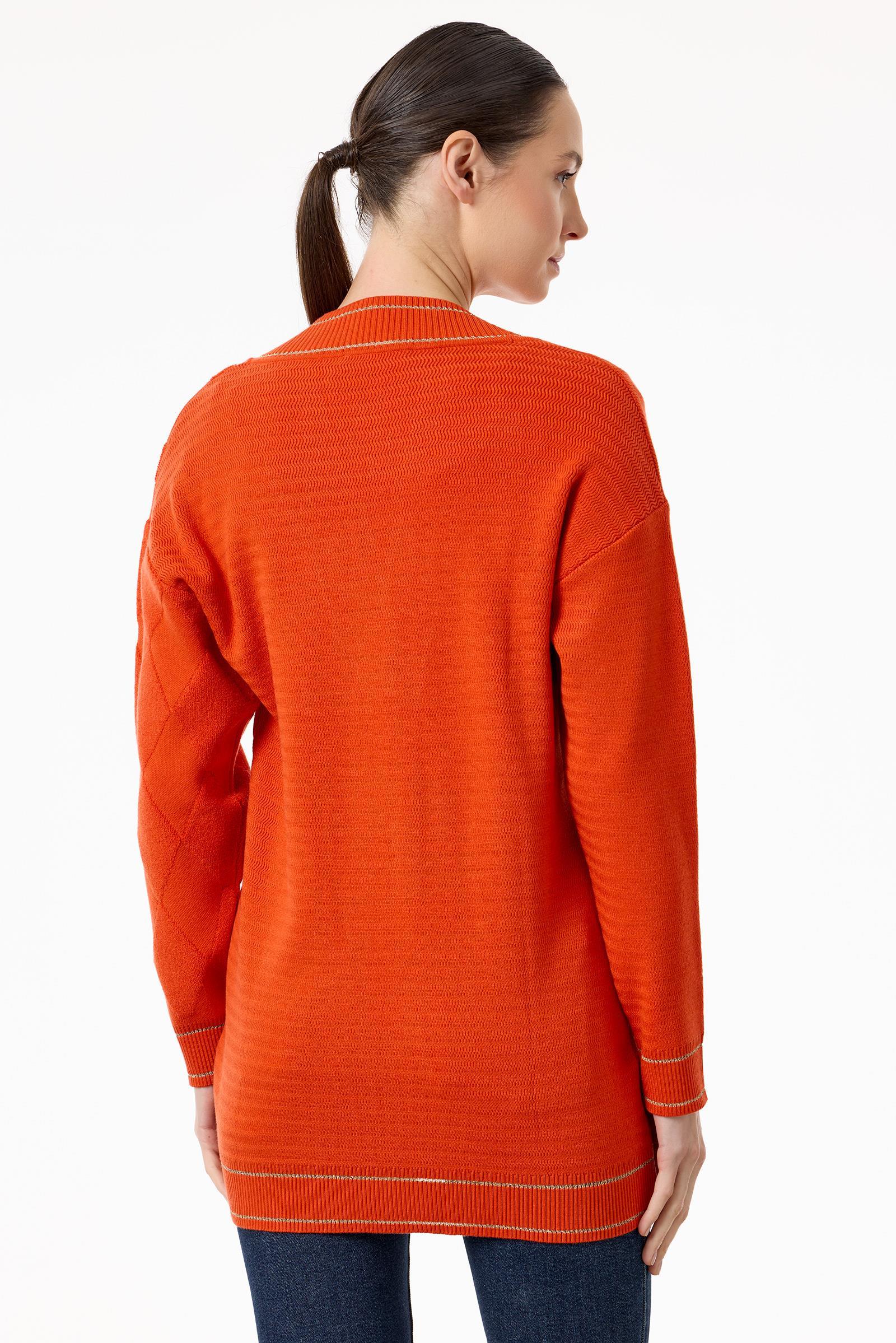 Baklava Deseni Havlu Örgülü Triko Hırka ORANJ