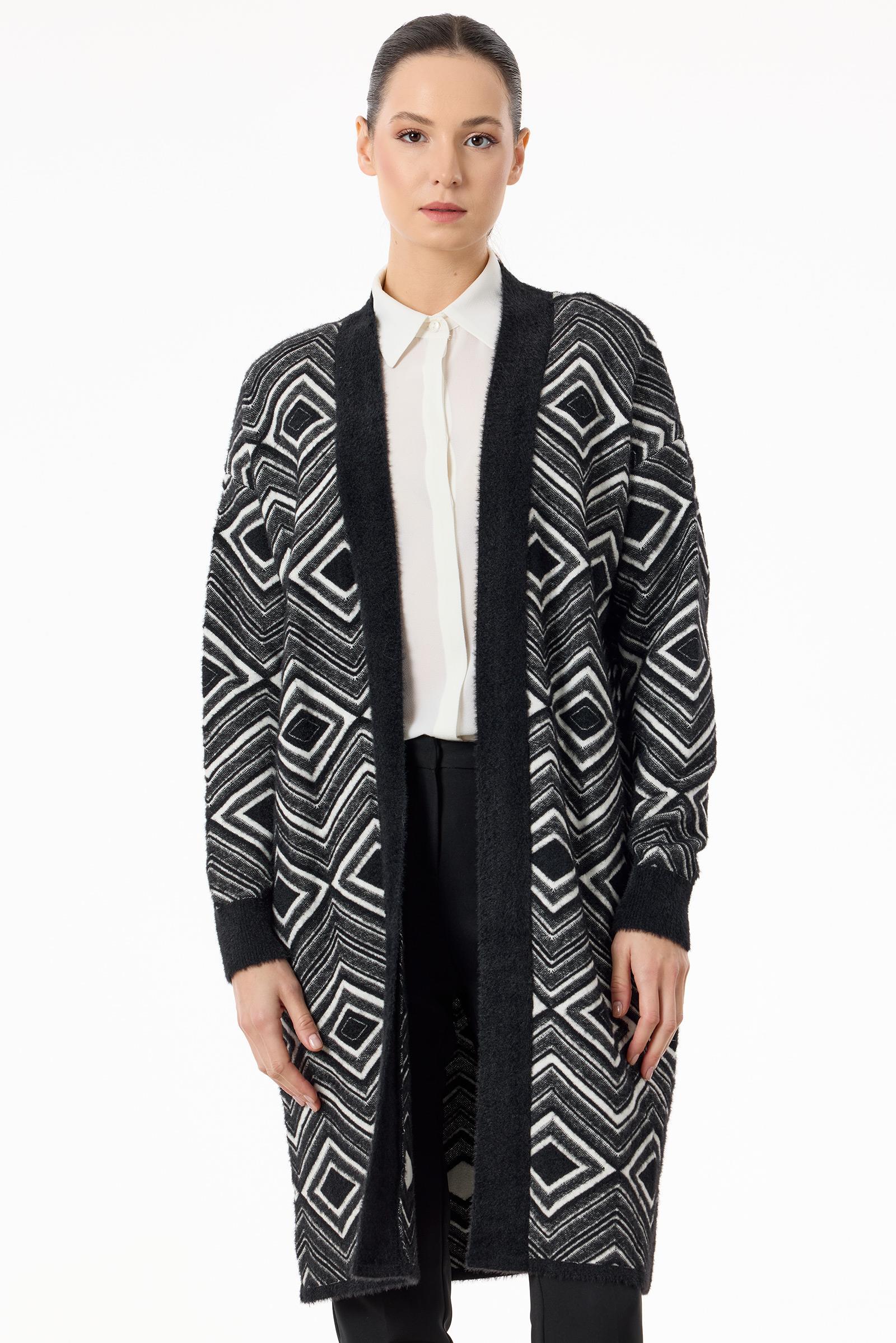 Baklava Desenli Triko Hırka SİYAH-EKRU