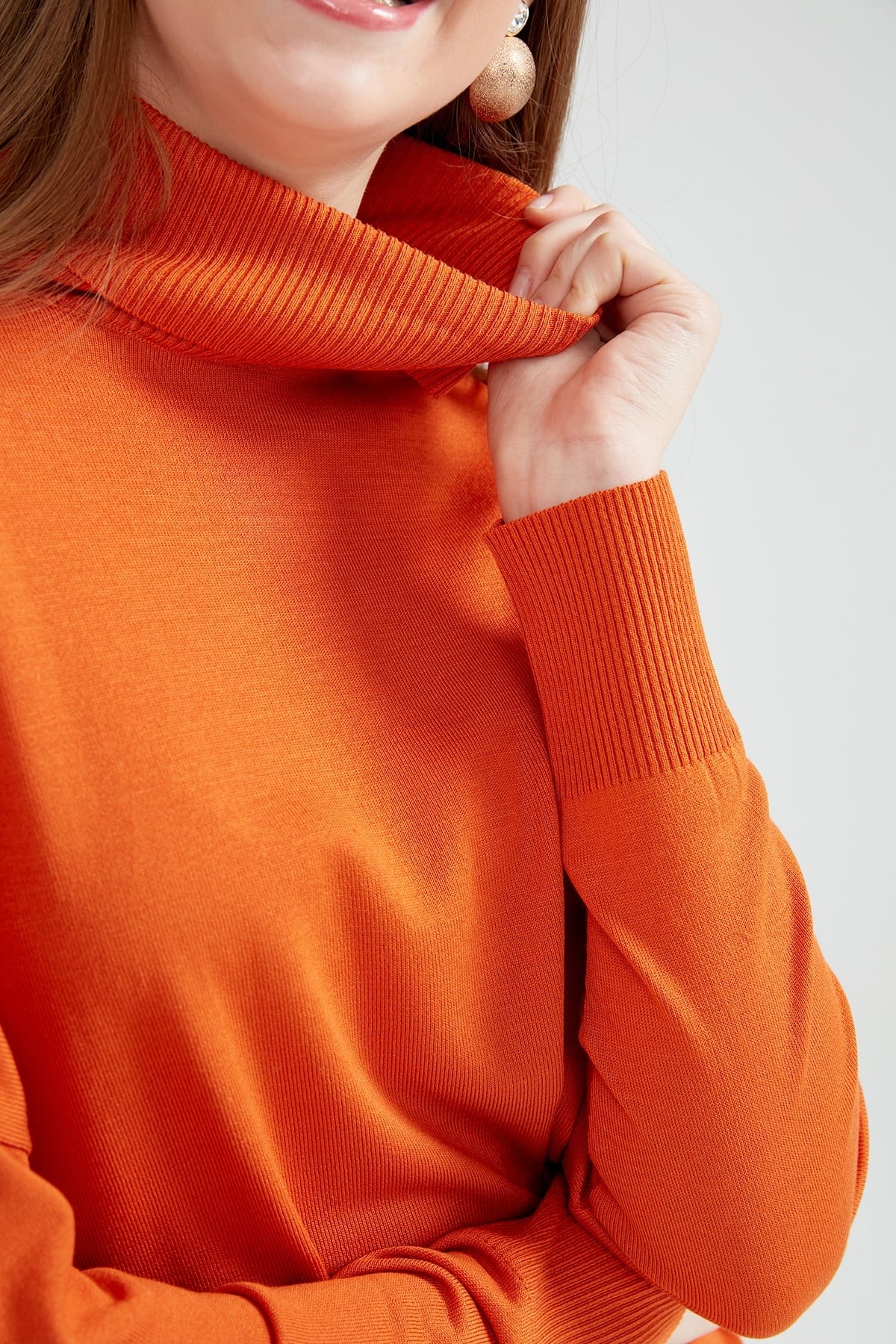 Balıkçı Yaka Oversize Basic Triko Tunik ORANJ