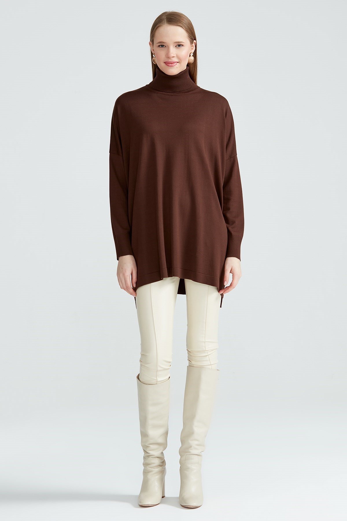 Balıkçı Yaka Oversize Basic Triko Tunik ACI KAHVE