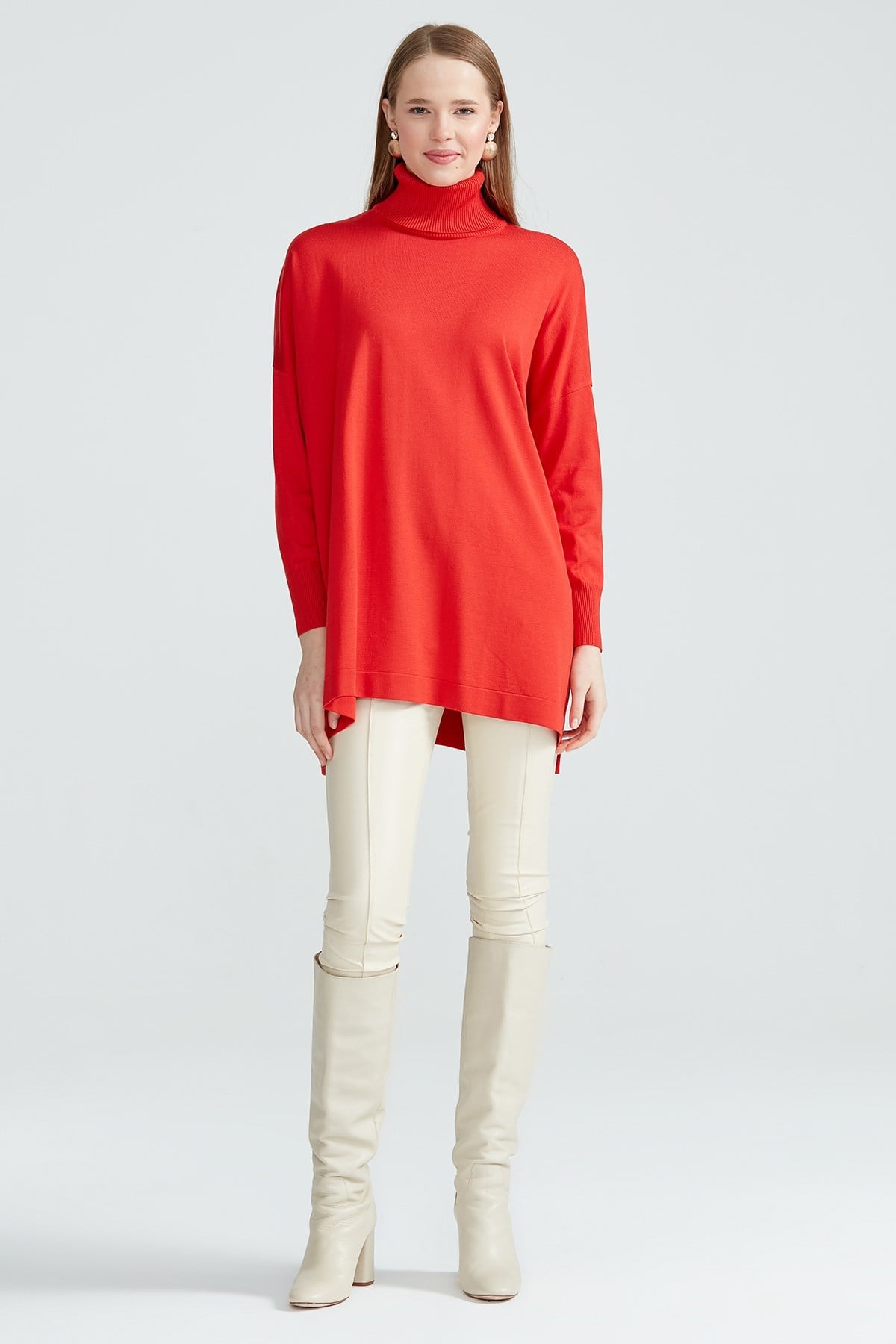Balıkçı Yaka Oversize Basic Triko Tunik KIRMIZI