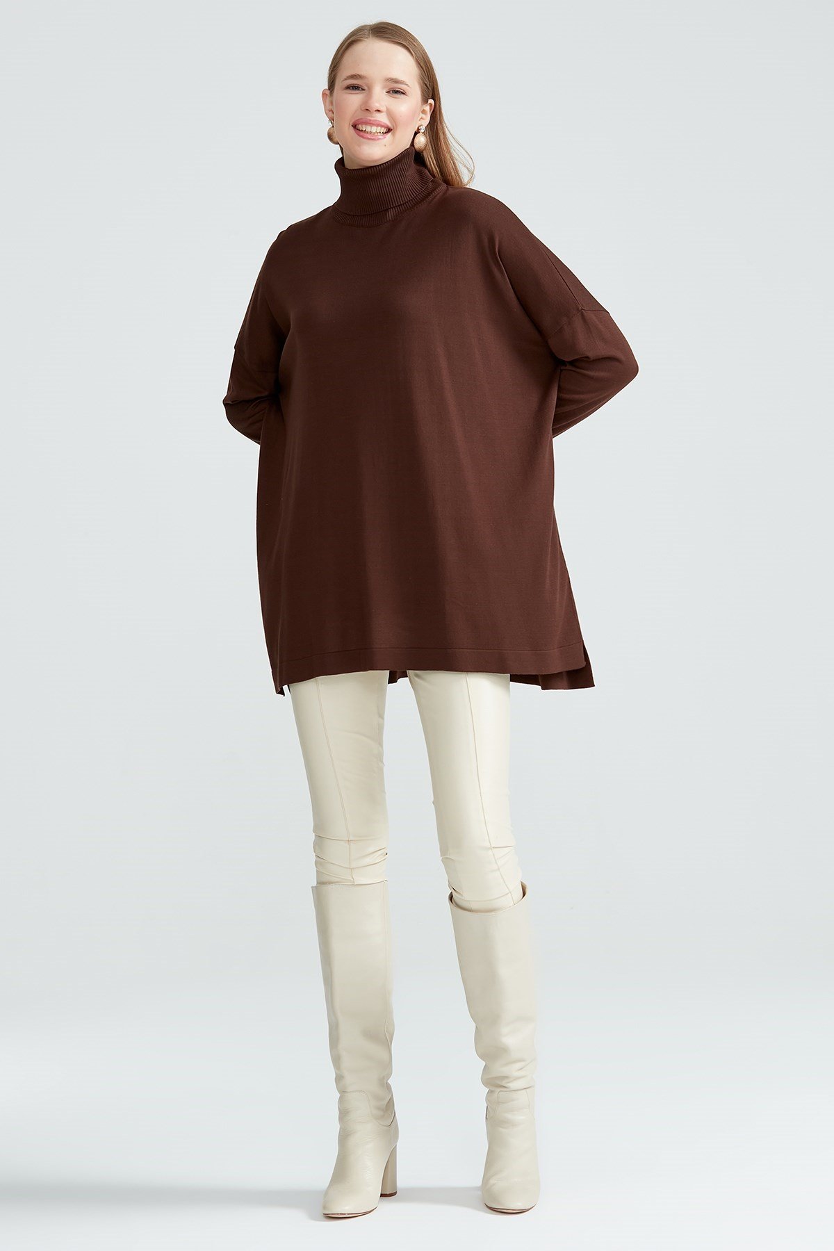 Balıkçı Yaka Oversize Basic Triko Tunik ACI KAHVE