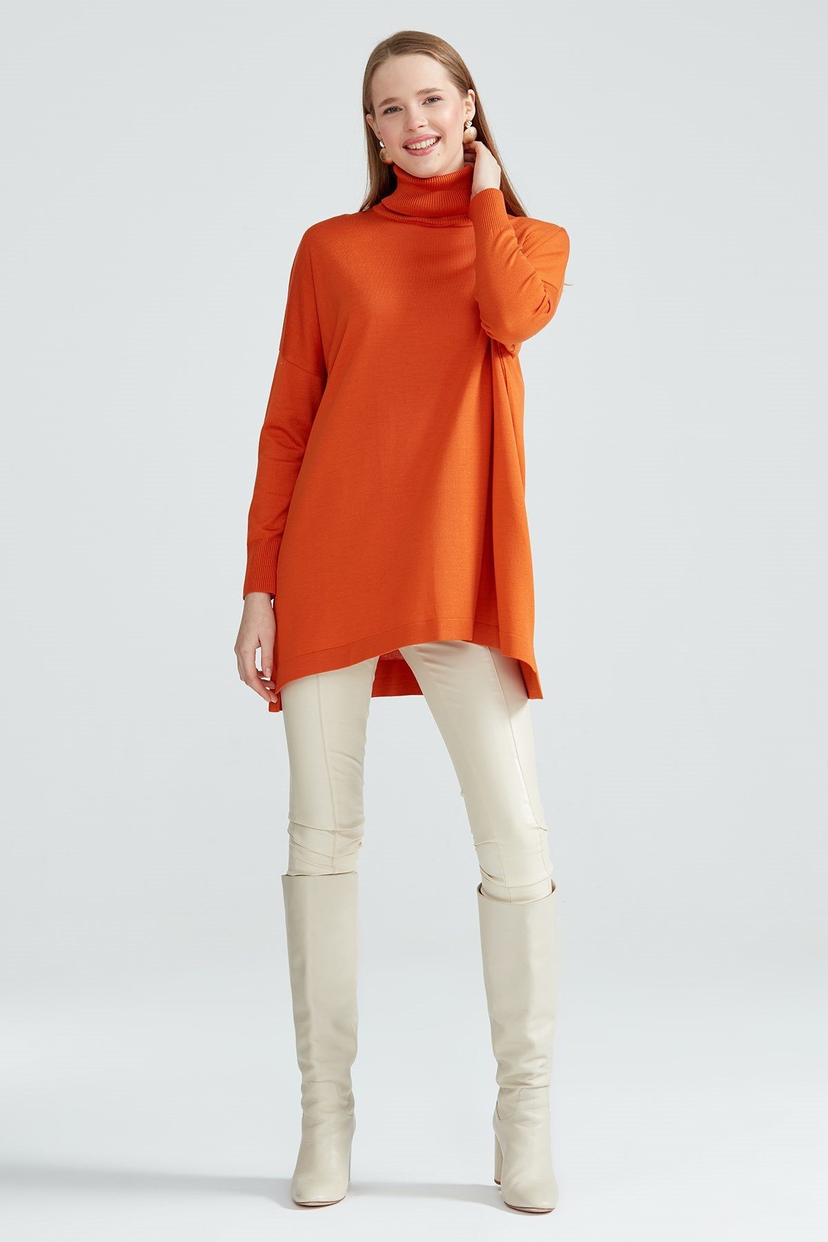 Balıkçı Yaka Oversize Basic Triko Tunik ORANJ