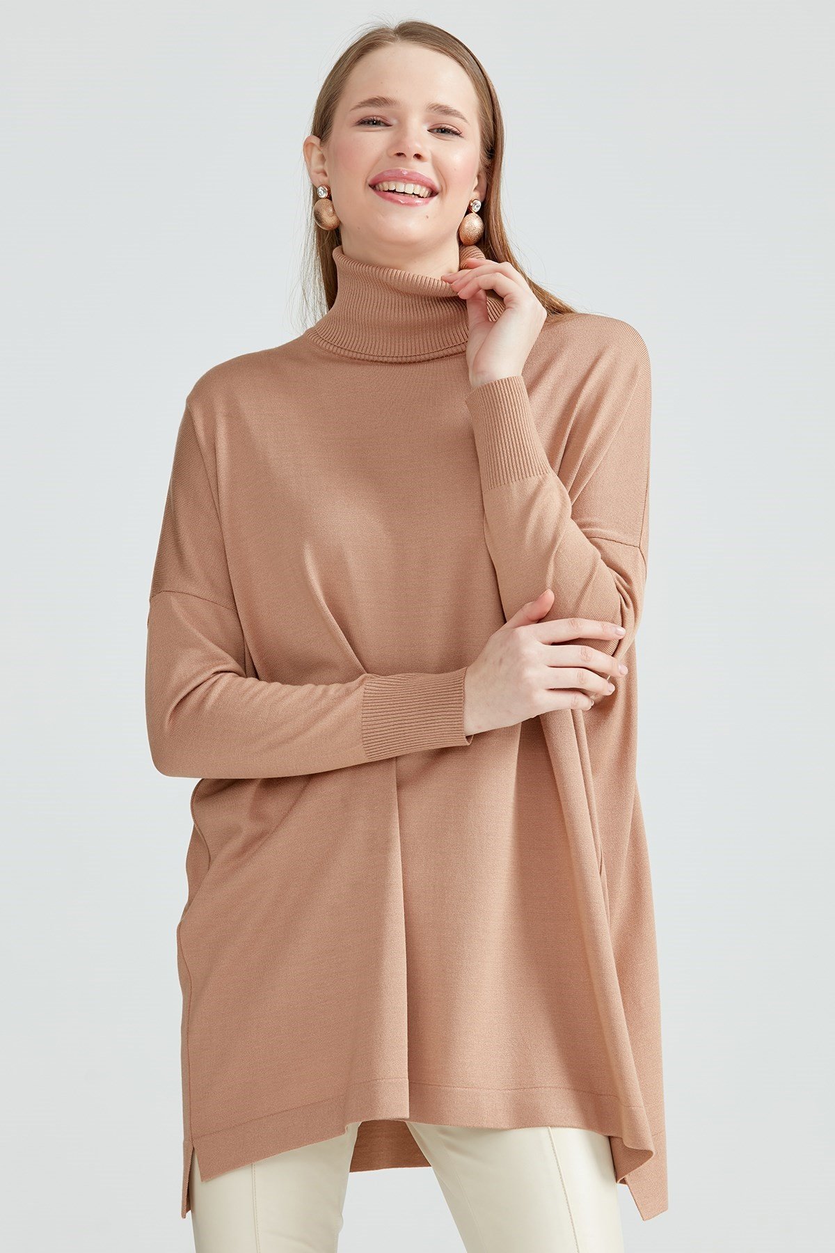 Balıkçı Yaka Oversize Basic Triko Tunik CAMEL