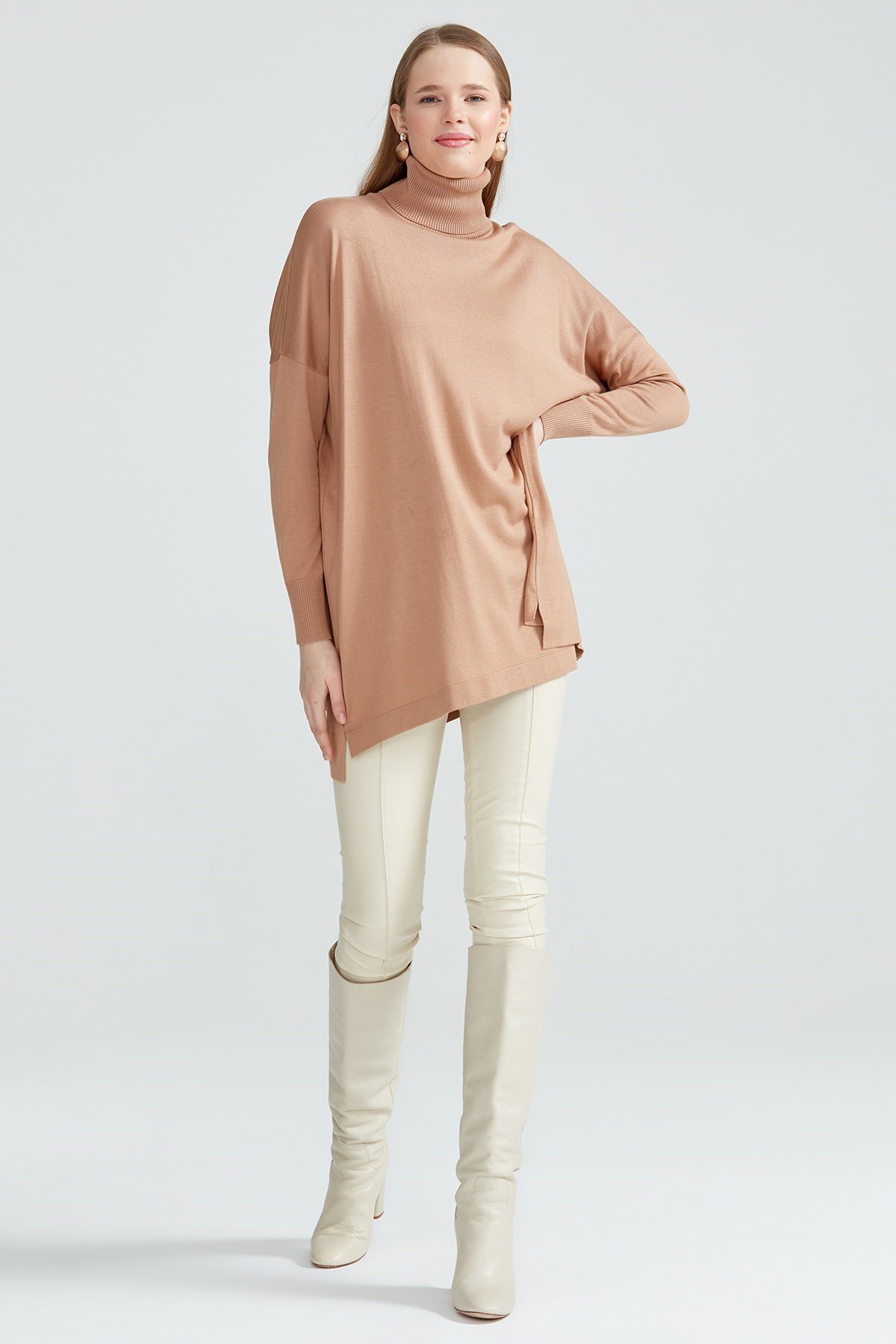 Balıkçı Yaka Oversize Basic Triko Tunik CAMEL