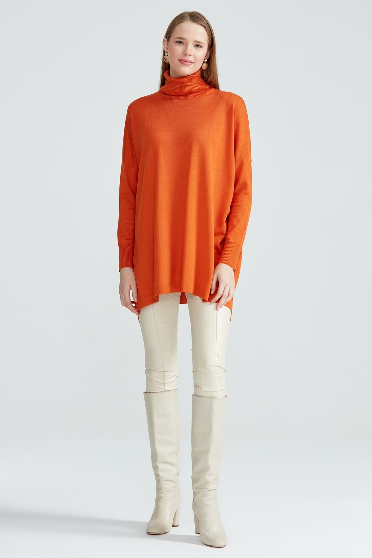 Balıkçı Yaka Oversize Basic Triko Tunik ORANJ