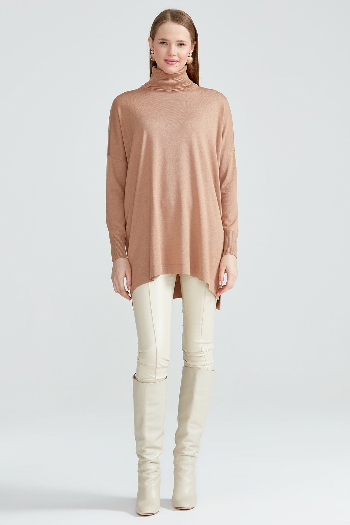 Balıkçı Yaka Oversize Basic Triko Tunik CAMEL