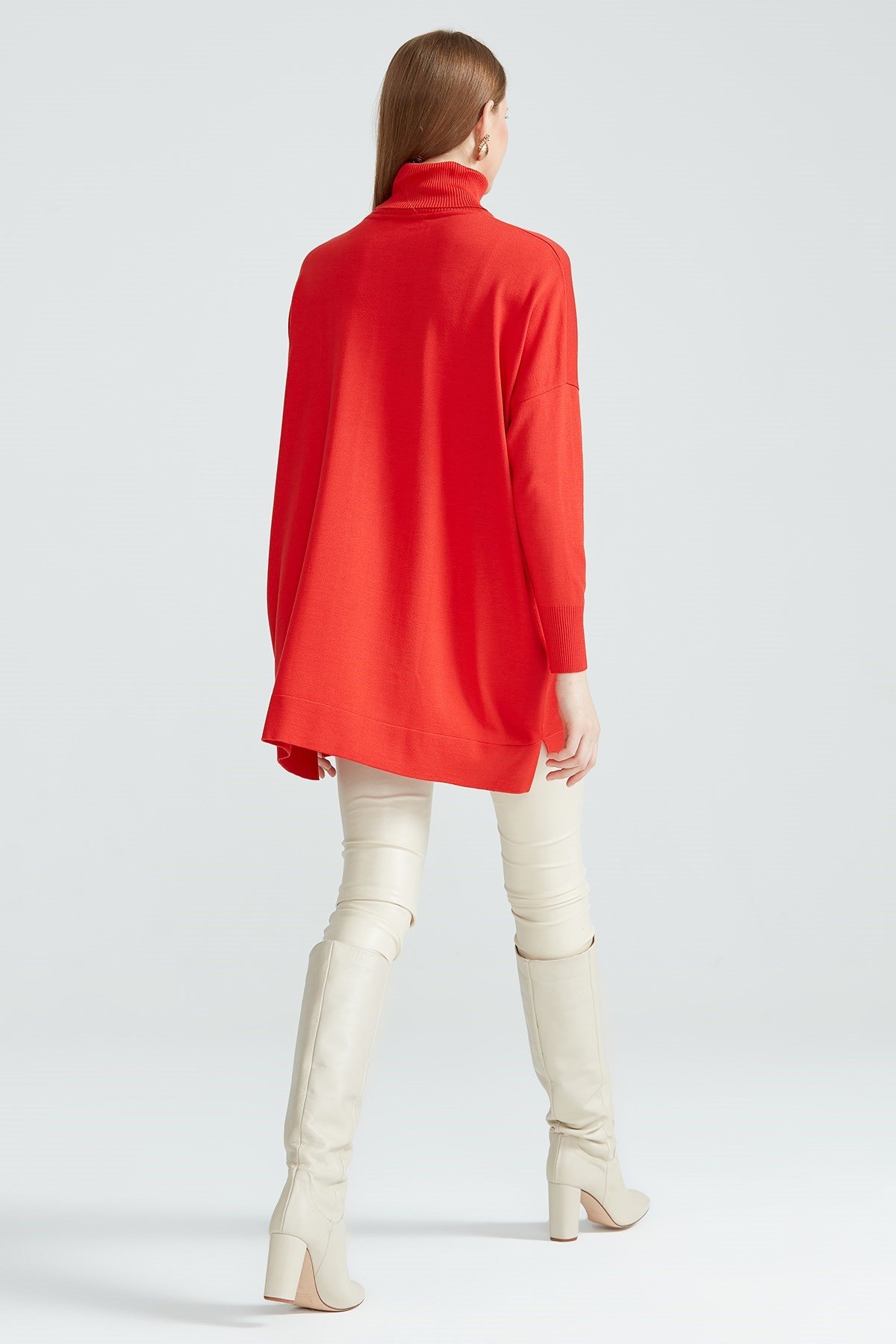 Balıkçı Yaka Oversize Basic Triko Tunik KIRMIZI