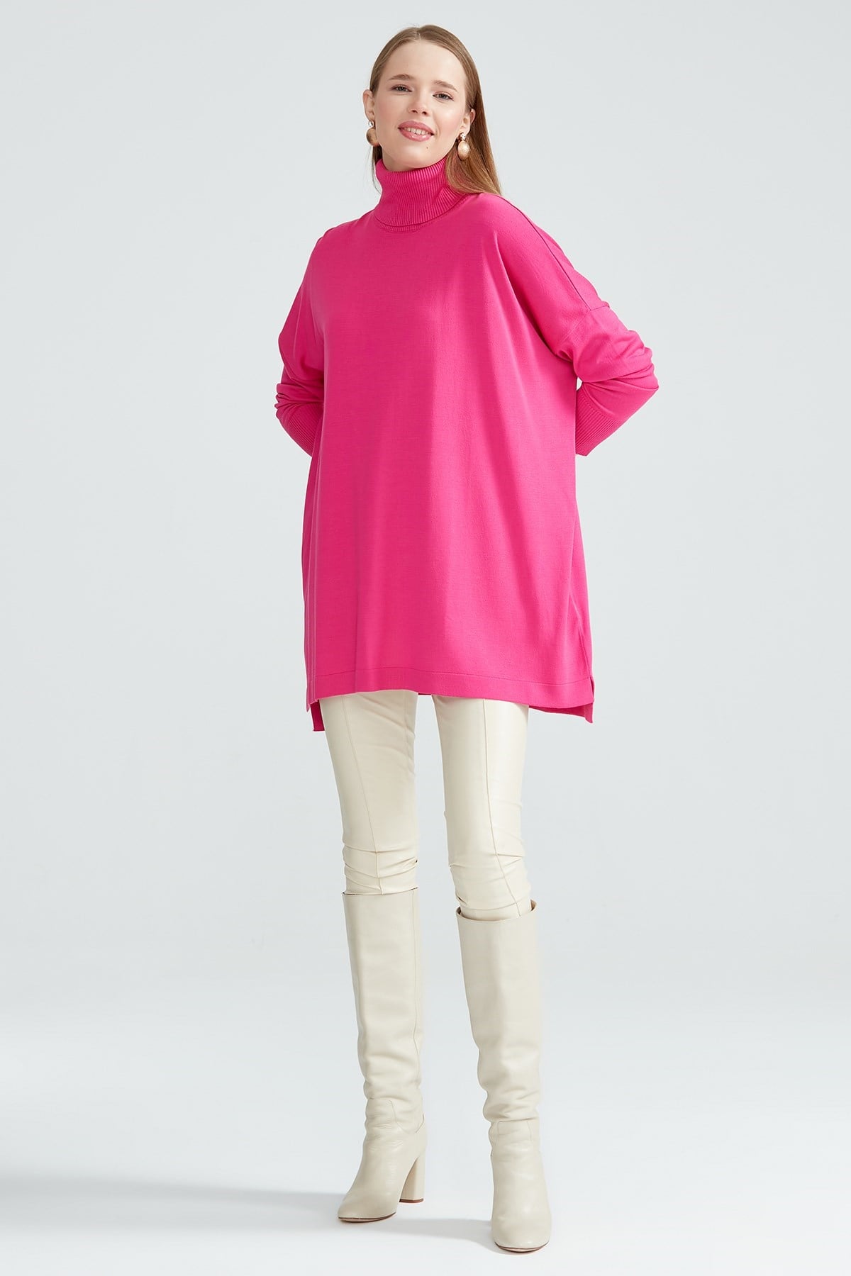 Balıkçı Yaka Oversize Basic Triko Tunik FUŞYA
