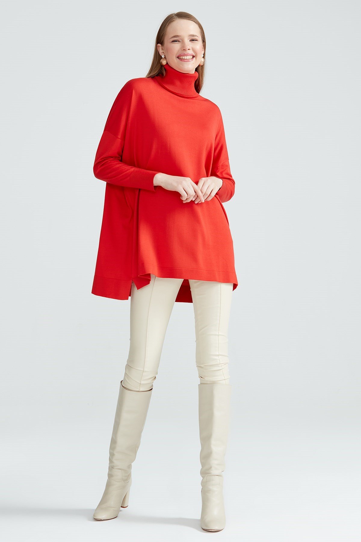 Balıkçı Yaka Oversize Basic Triko Tunik KIRMIZI