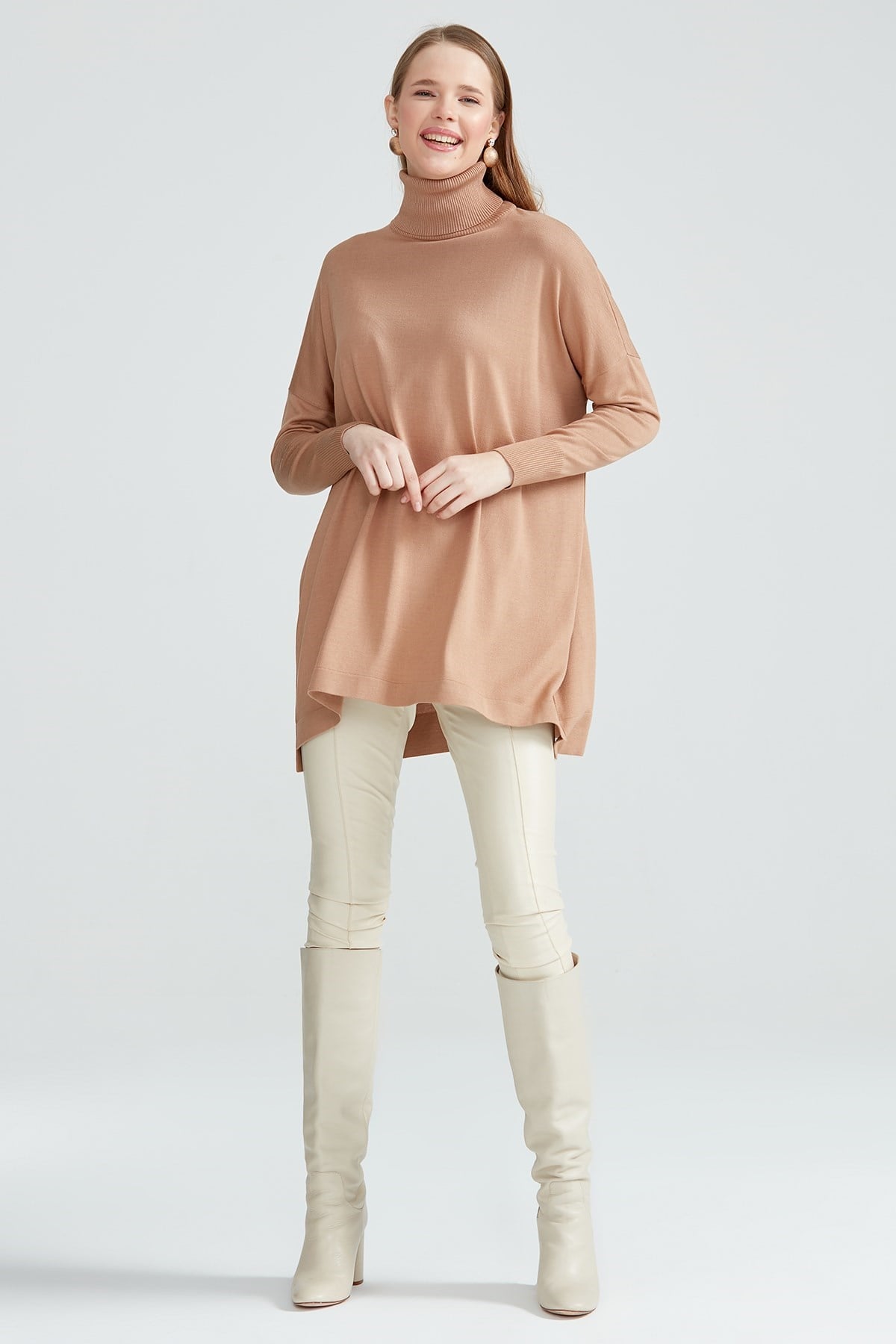 Balıkçı Yaka Oversize Basic Triko Tunik CAMEL