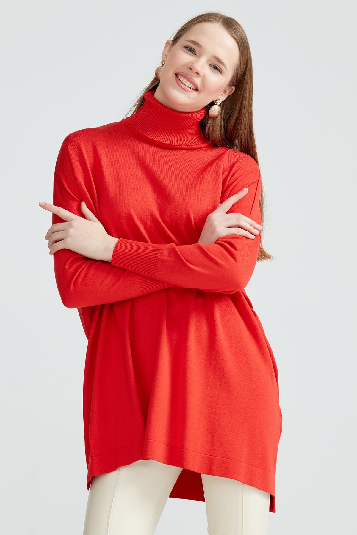 Balıkçı Yaka Oversize Basic Triko Tunik KIRMIZI