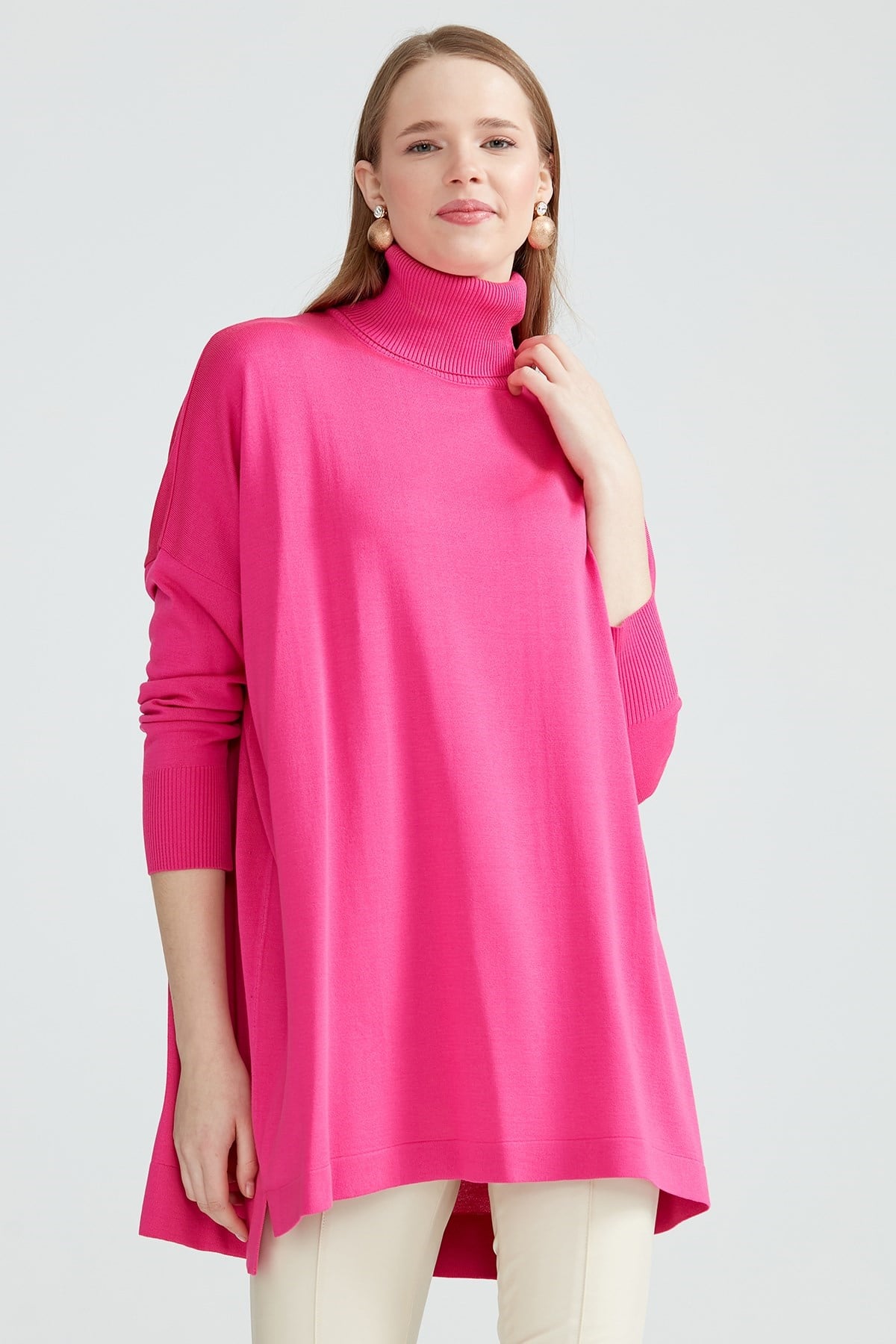 Balıkçı Yaka Oversize Basic Triko Tunik FUŞYA