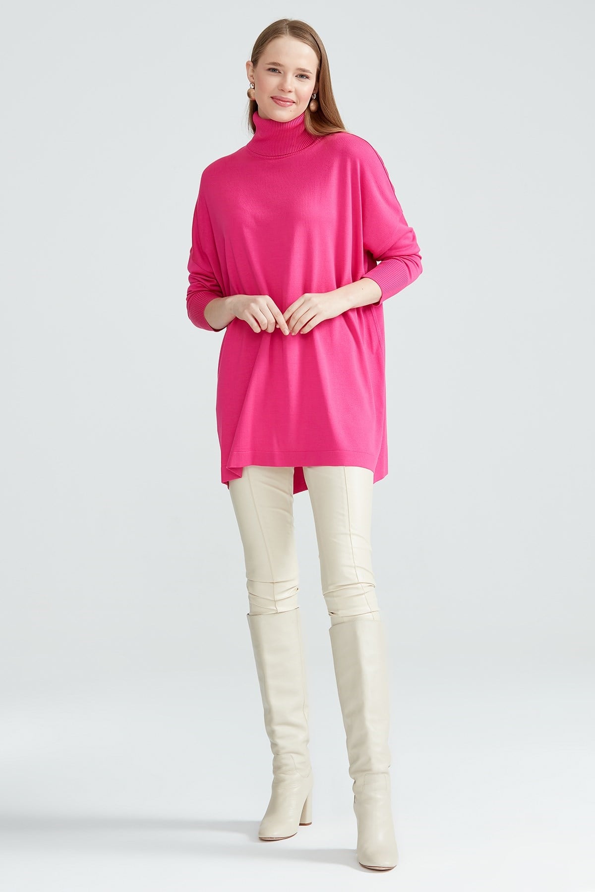 Balıkçı Yaka Oversize Basic Triko Tunik FUŞYA