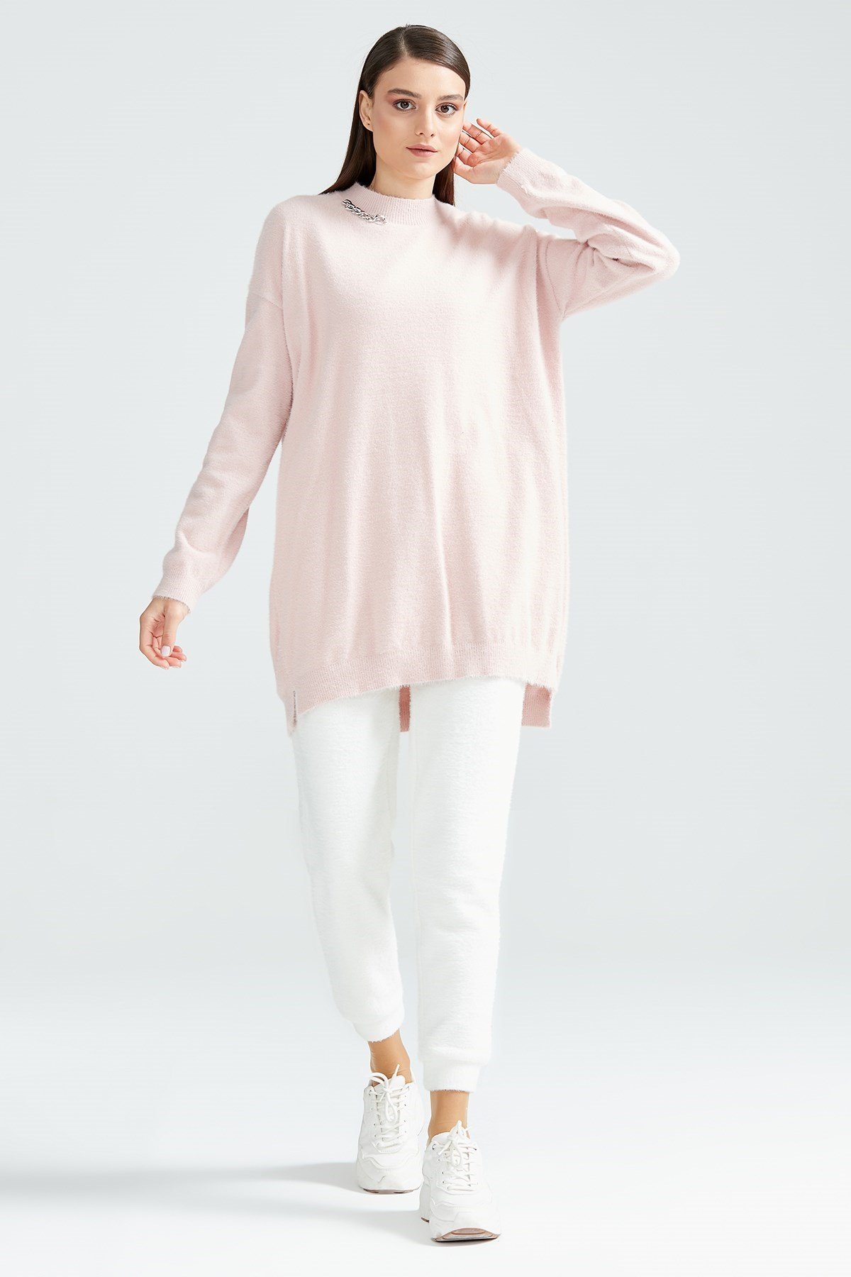 Basic Oversize Mink Triko Tunik PEMBE
