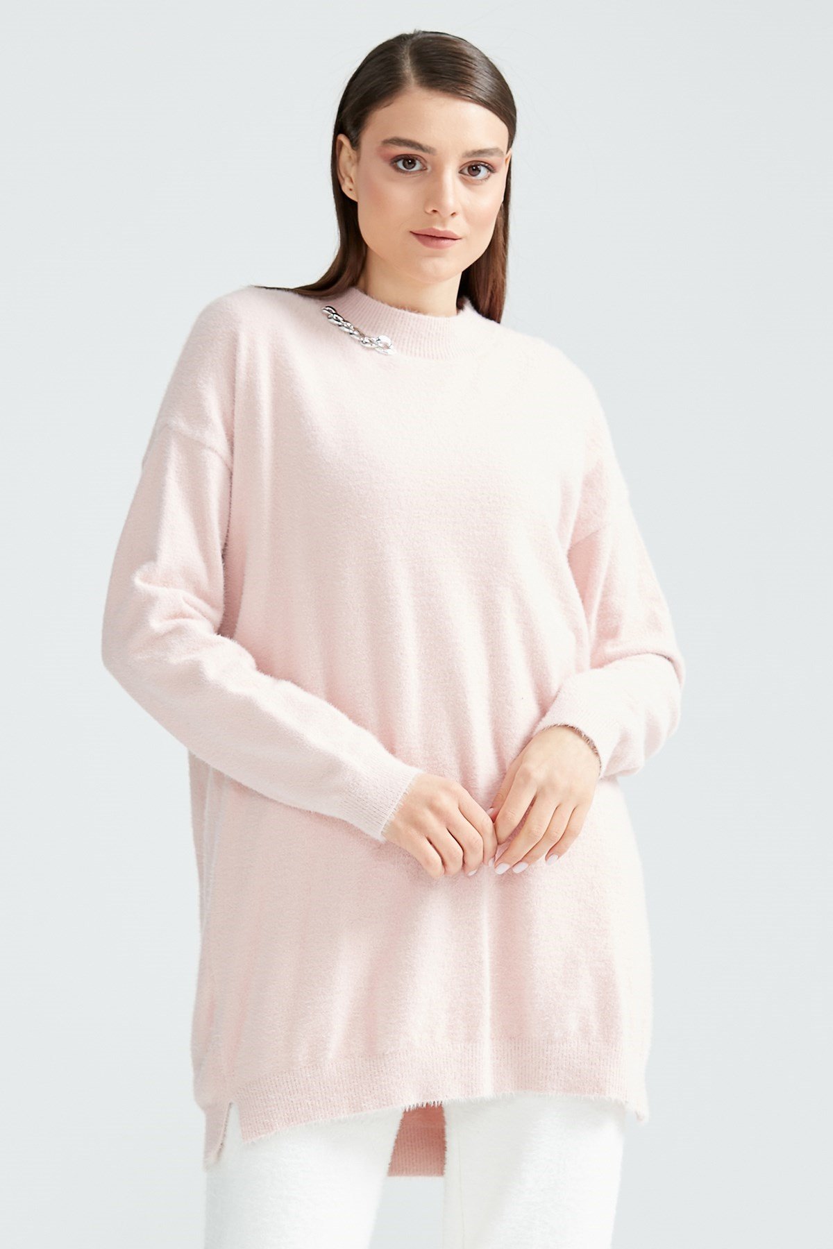 Basic Oversize Mink Triko Tunik PEMBE