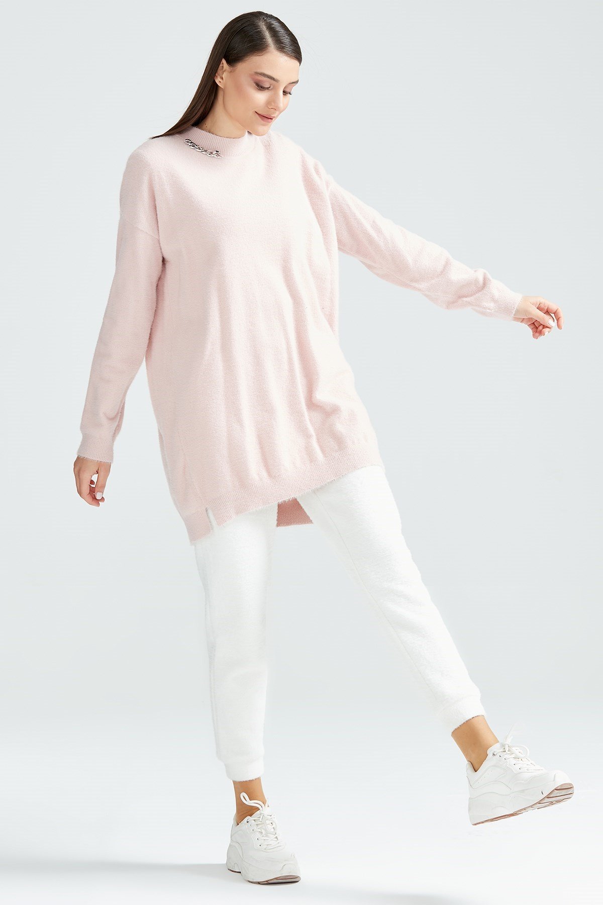 Basic Oversize Mink Triko Tunik PEMBE