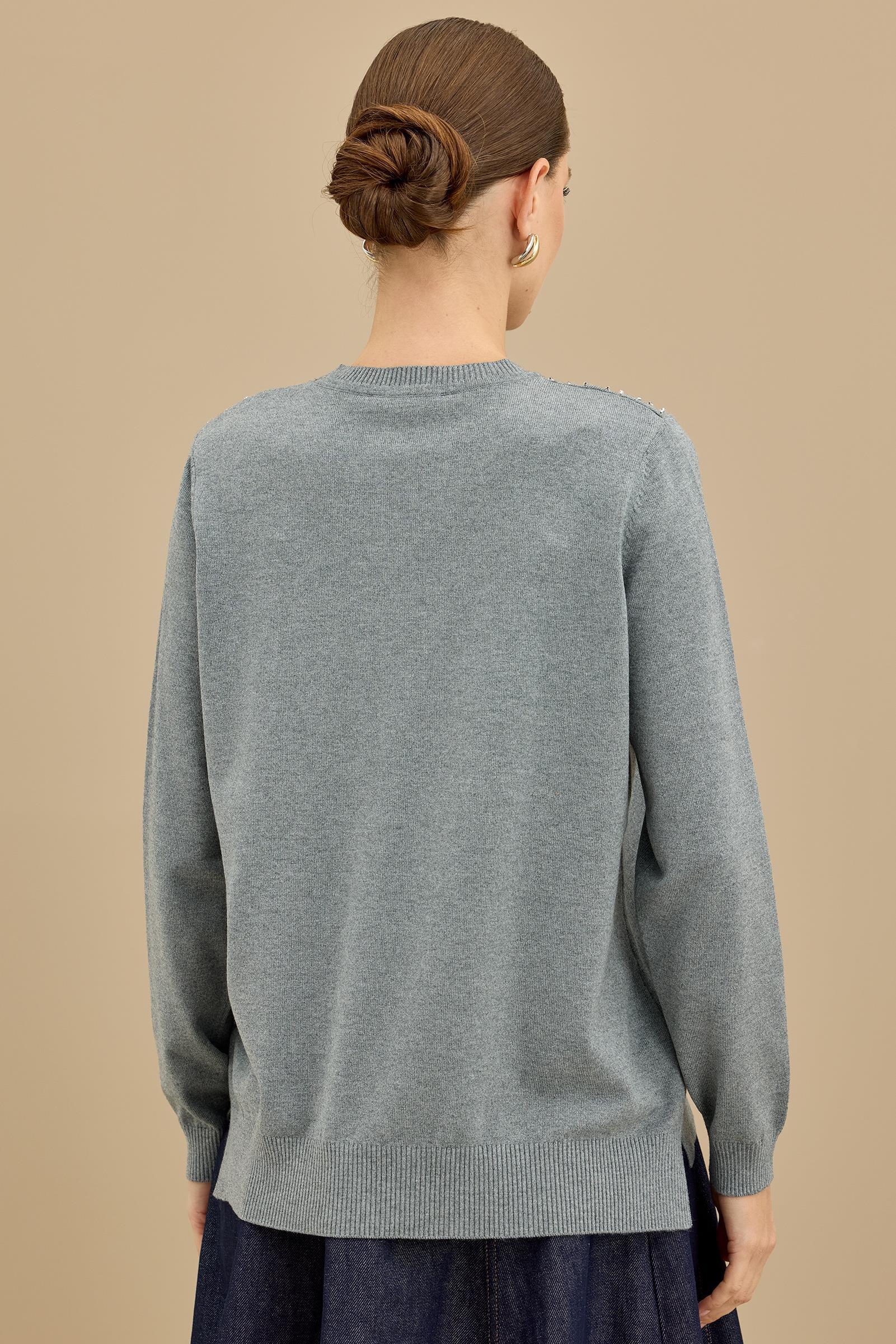 Boncuk İşlemeli Bluz GRİ MELANJ