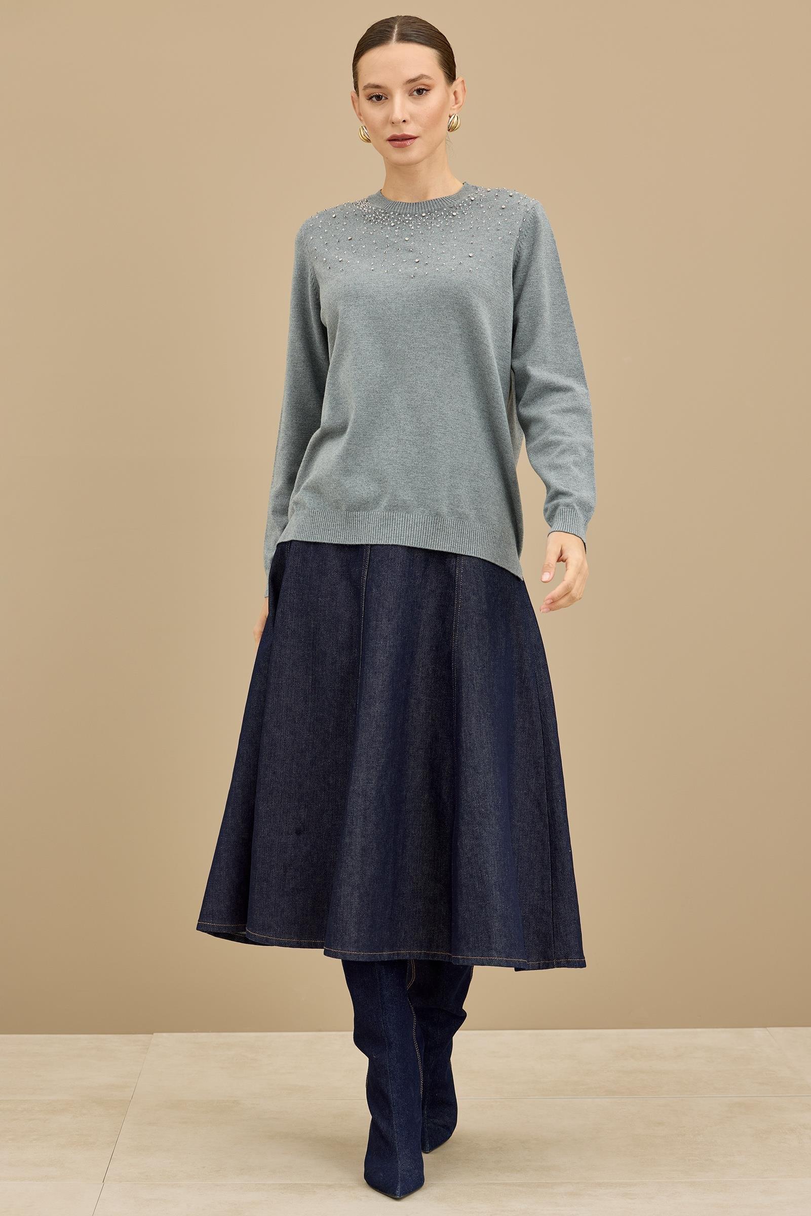 Boncuk İşlemeli Bluz GRİ MELANJ