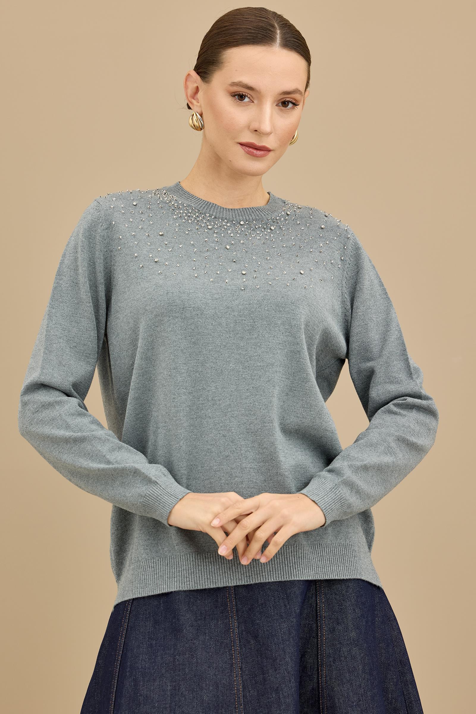 Boncuk İşlemeli Bluz GRİ MELANJ