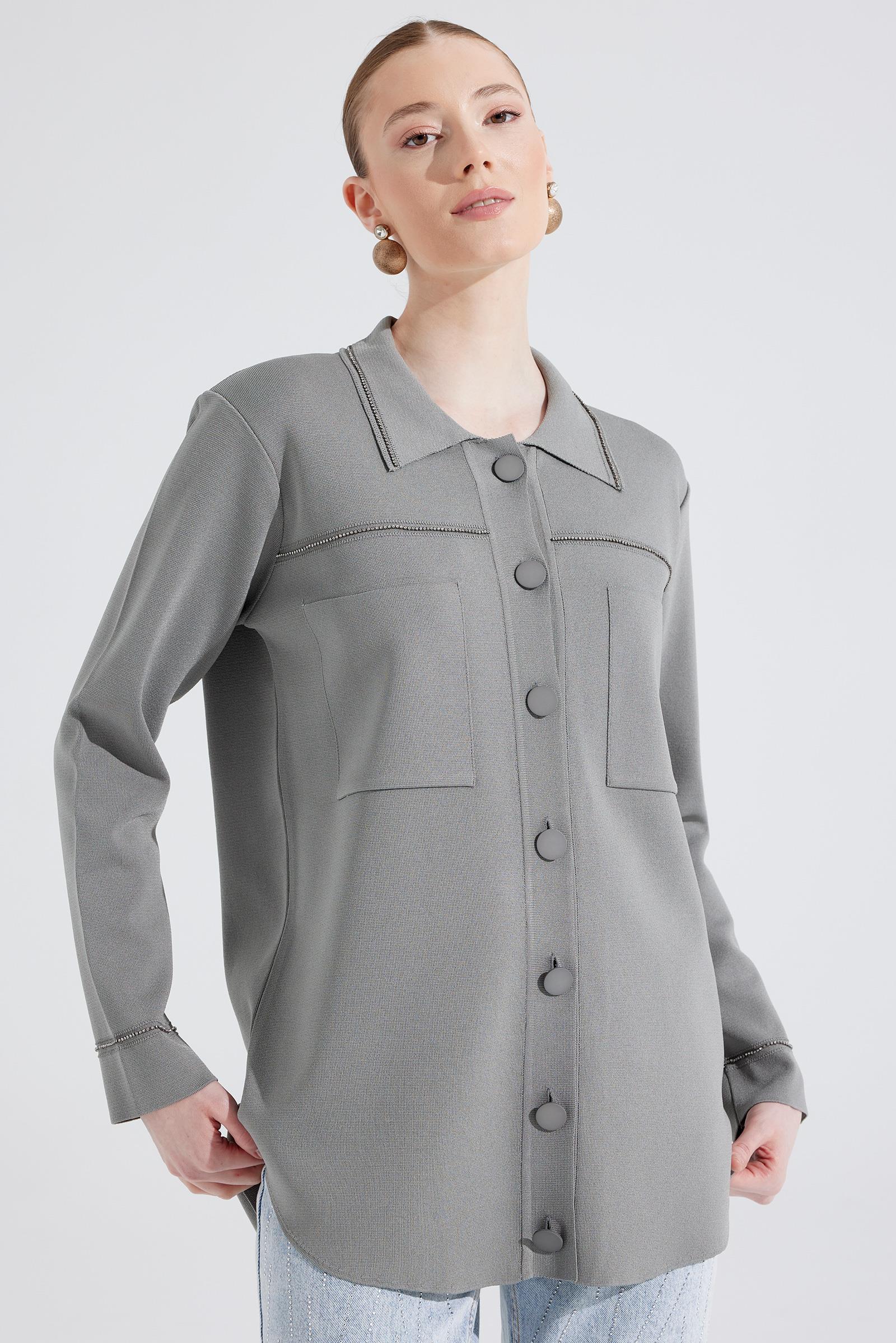 Cep Detaylı Polo Yakalı Rayon Triko Hırka GRİ