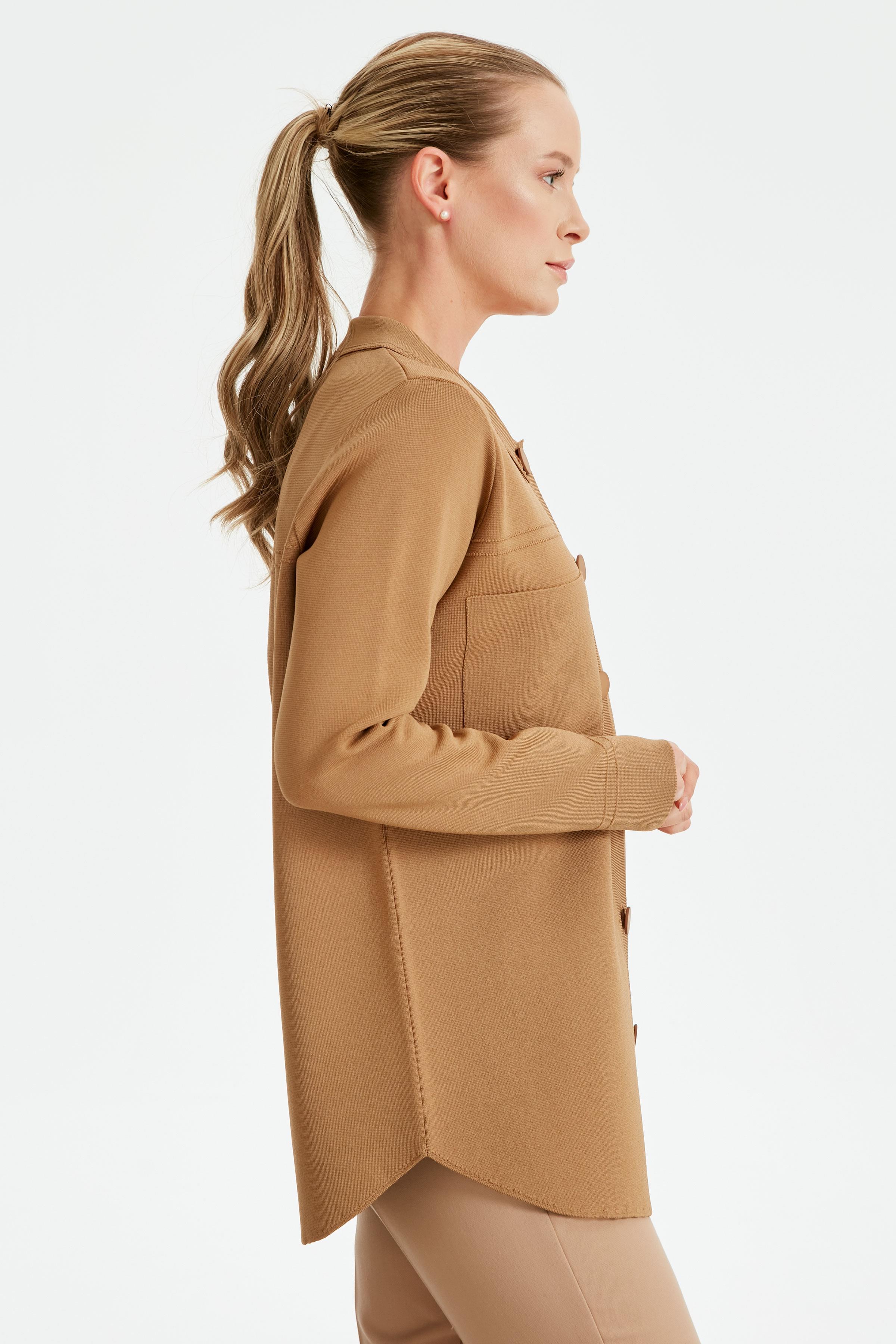 Cep Detaylı Polo Yakalı Rayon Triko Hırka CAMEL