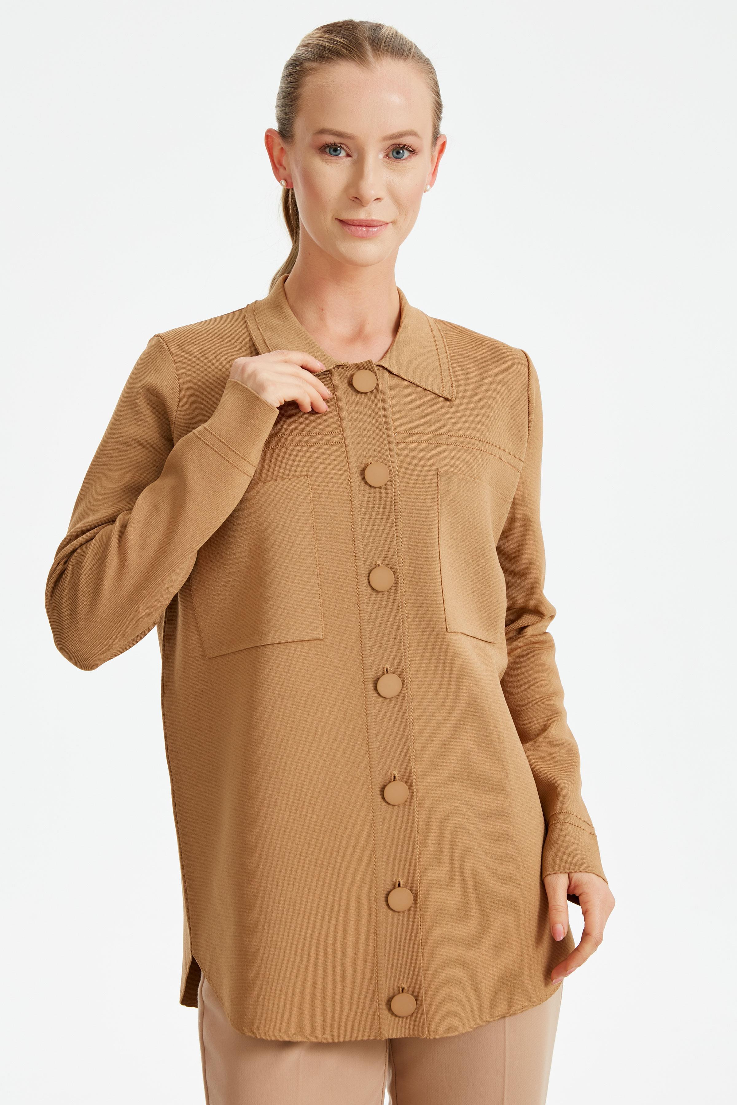 Cep Detaylı Polo Yakalı Rayon Triko Hırka CAMEL