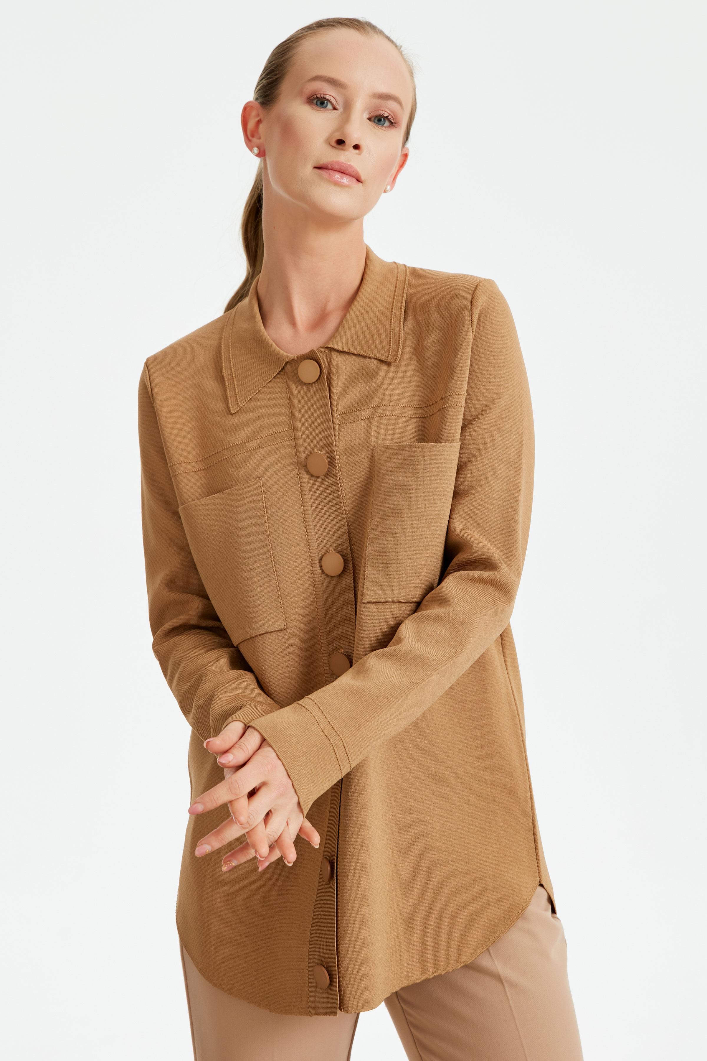 Cep Detaylı Polo Yakalı Rayon Triko Hırka CAMEL