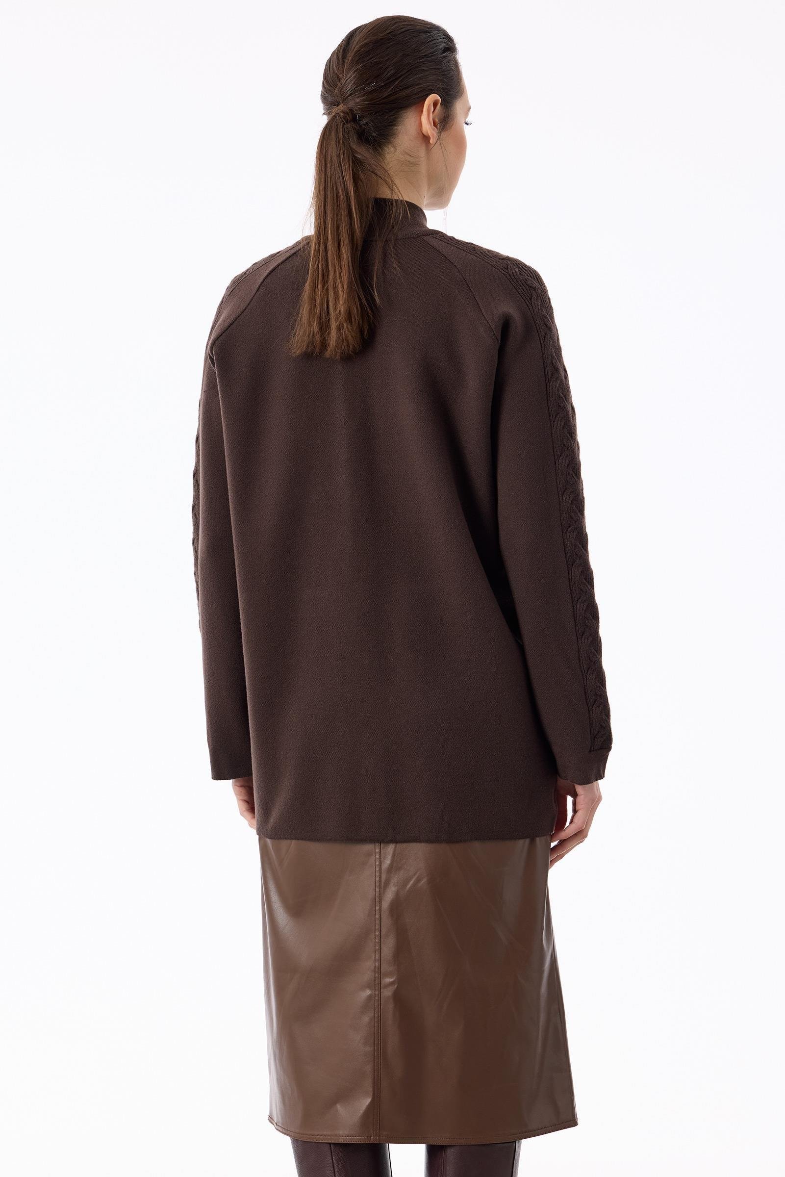 Cepleri Saç Örgülü Fermuarlı Hırka KAHVE