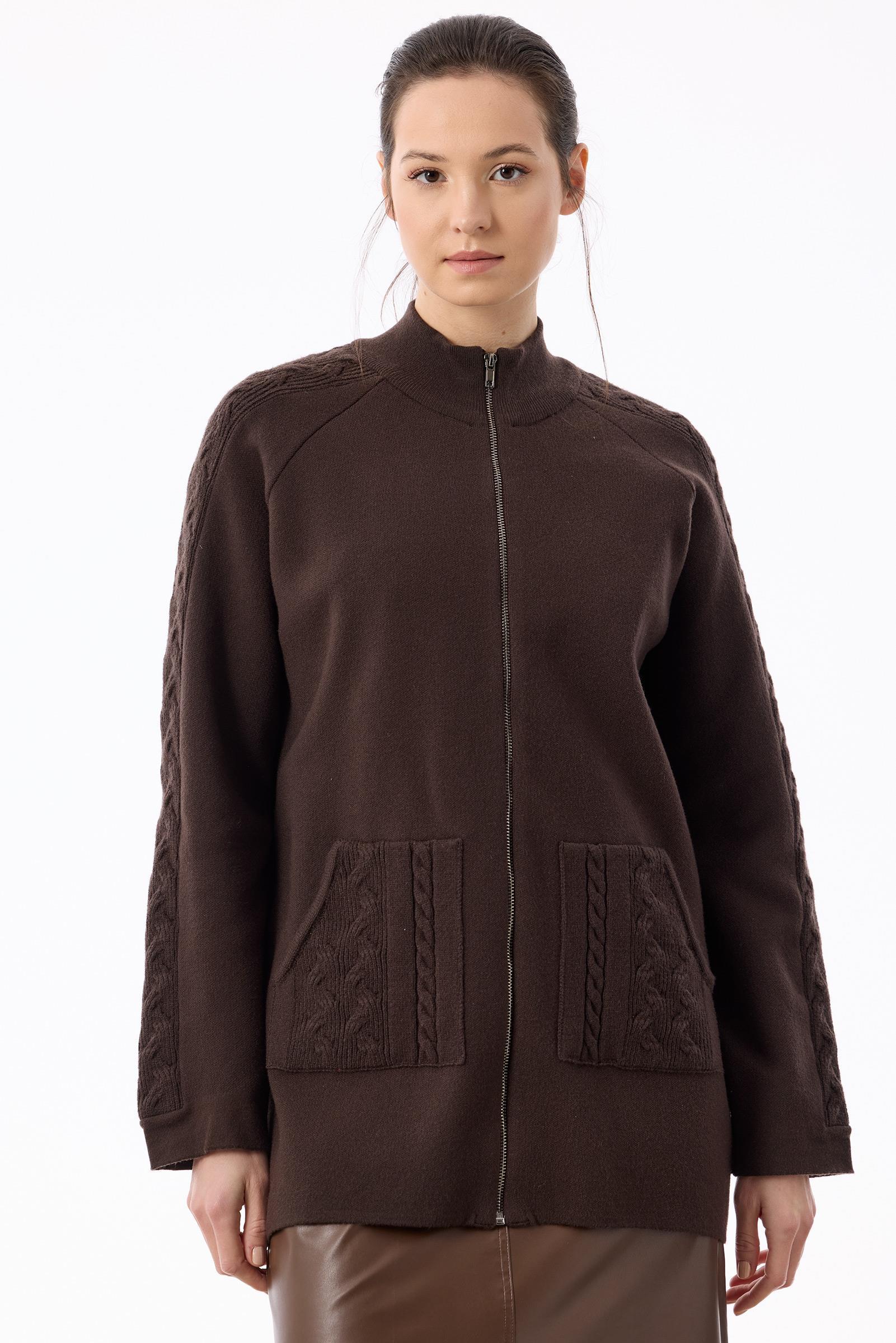 Cepleri Saç Örgülü Fermuarlı Hırka KAHVE