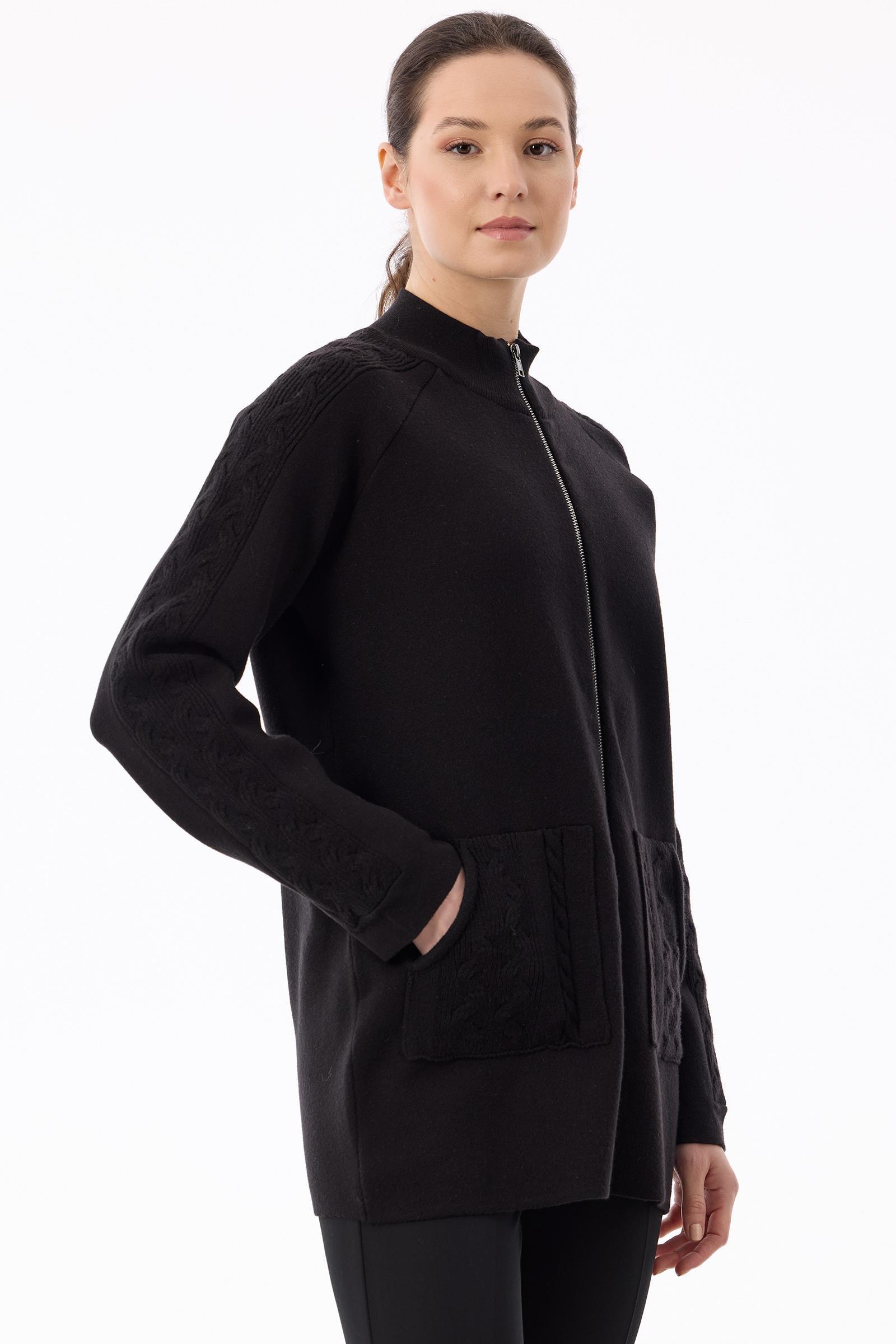 Cepleri Saç Örgülü Fermuarlı Hırka SİYAH