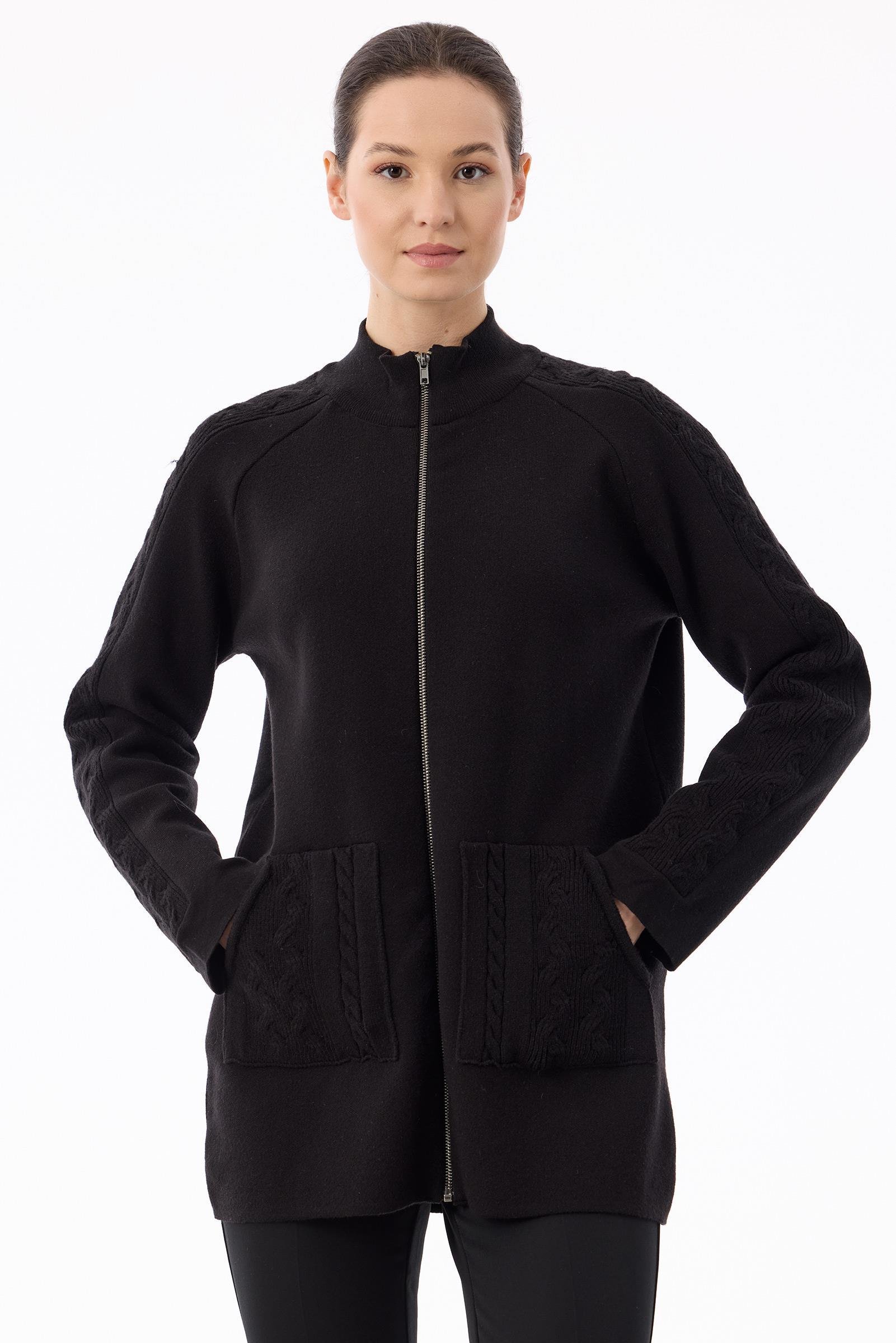 Cepleri Saç Örgülü Fermuarlı Hırka SİYAH