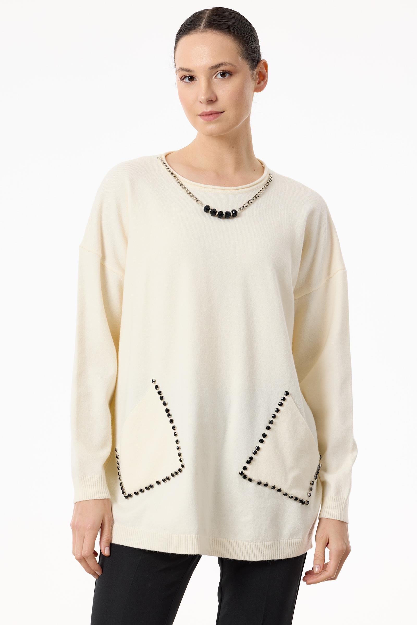 Cepleri Taşlı Kolye Detaylı Triko Tunik EKRU