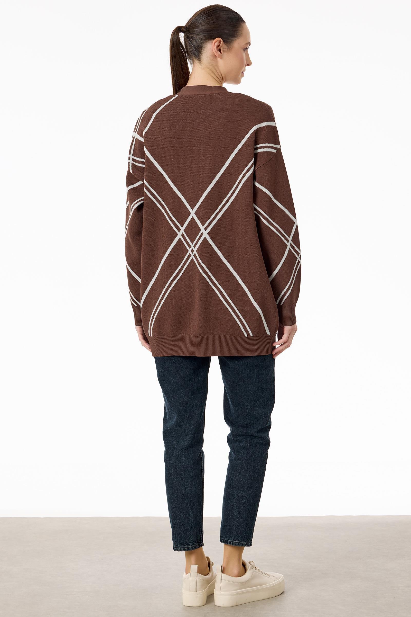 Cepli Verev Çizgili Rayon Hırka KAHVE EKRU