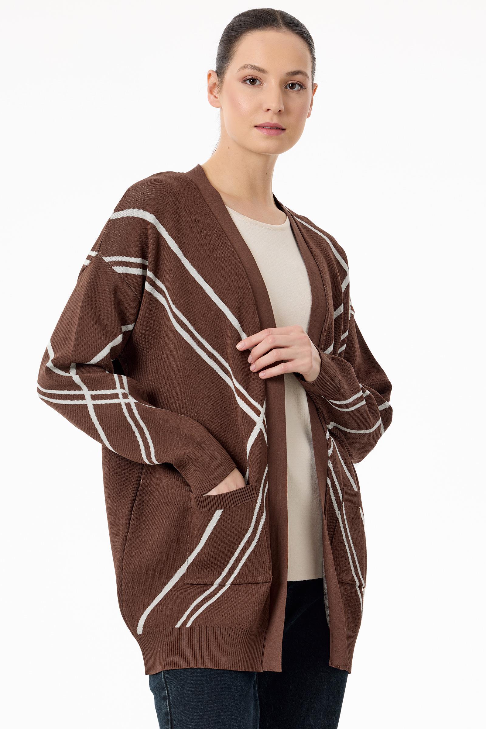 Cepli Verev Çizgili Rayon Hırka KAHVE EKRU