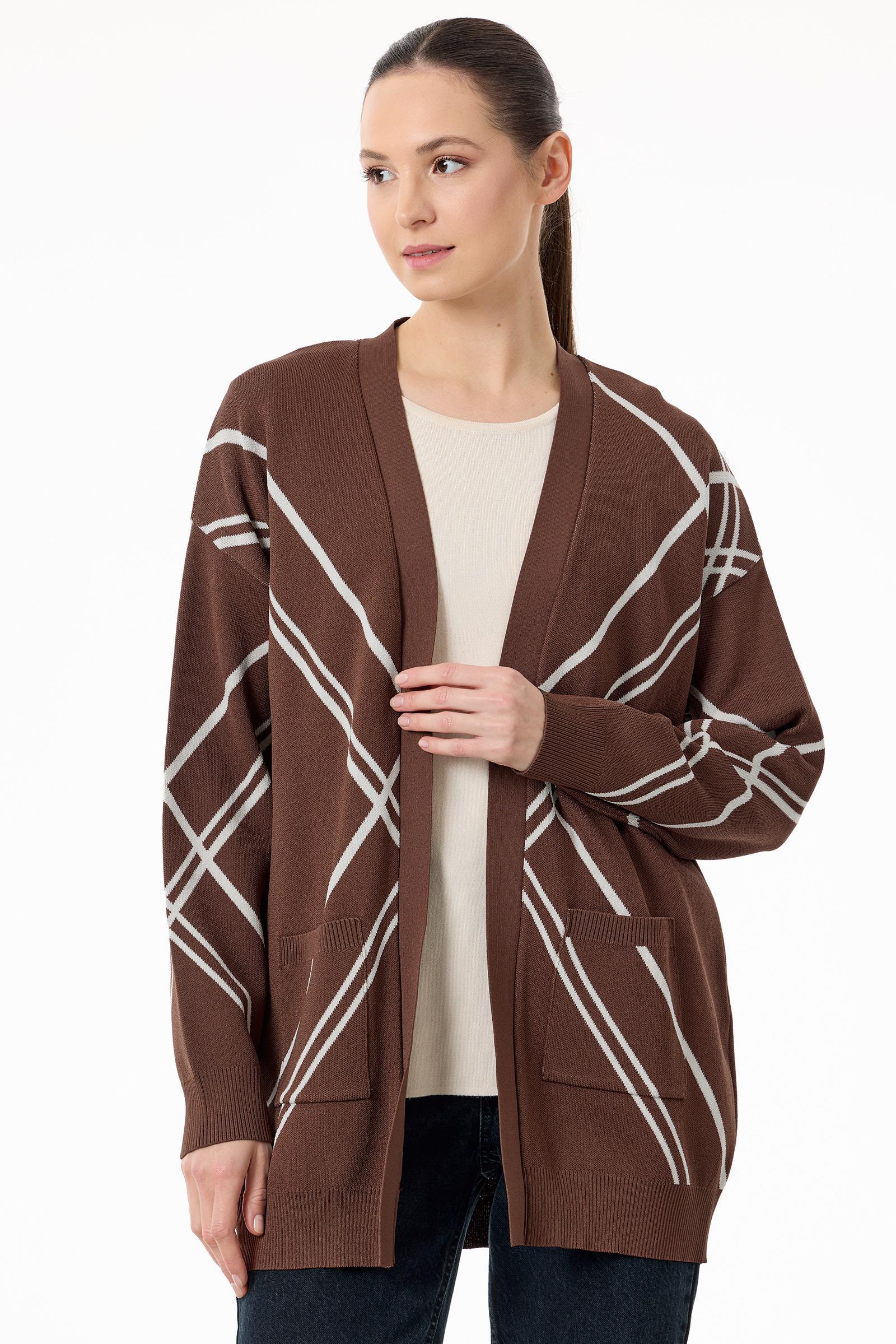 Cepli Verev Çizgili Rayon Hırka KAHVE EKRU