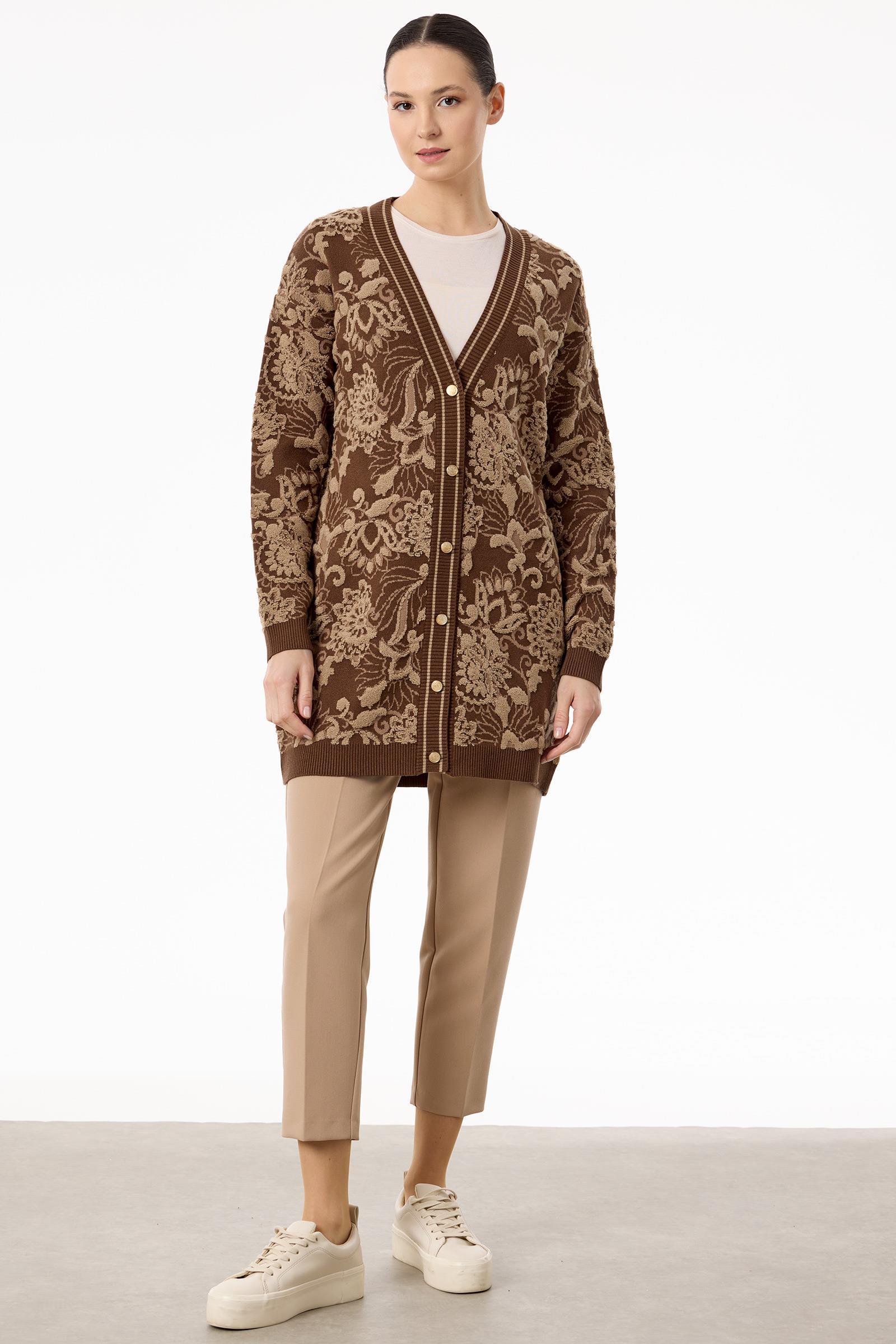 Çiçek Desenli Kabartmalı Triko Hırka KAHVE