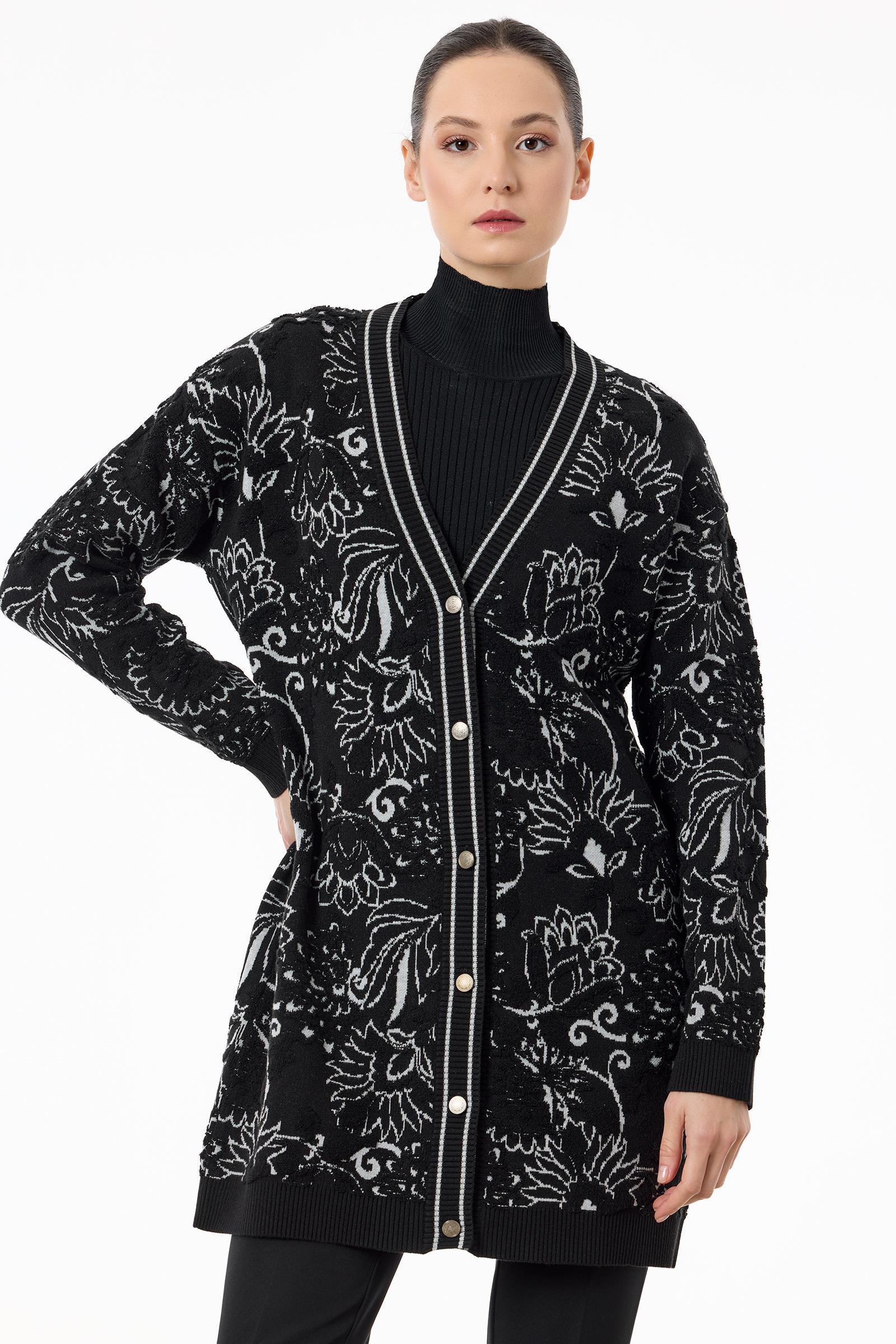 Çiçek Desenli Kabartmalı Triko Hırka SİYAH-A.GRİ