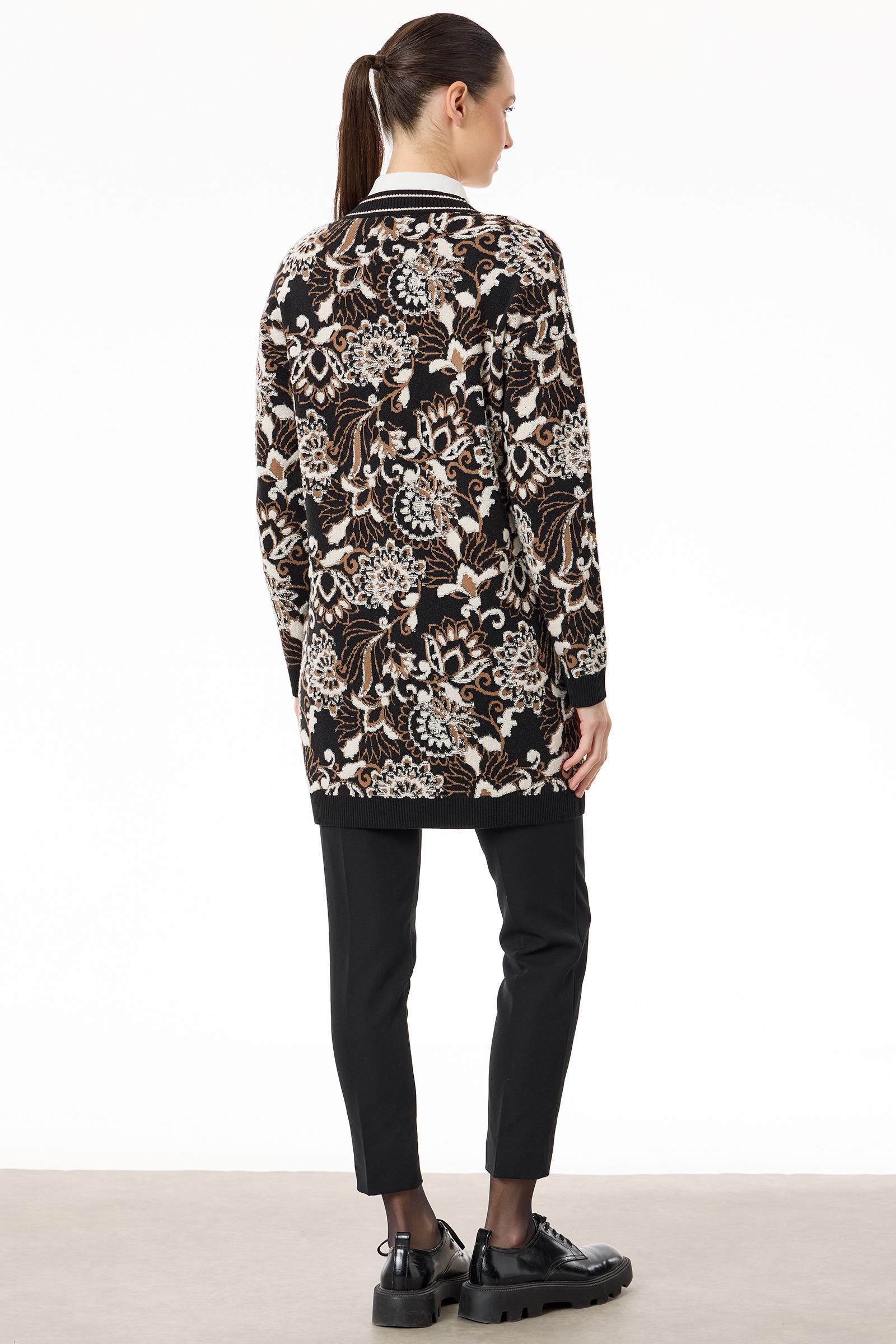 Çiçek Desenli Kabartmalı Triko Hırka SİYAH-BEJ