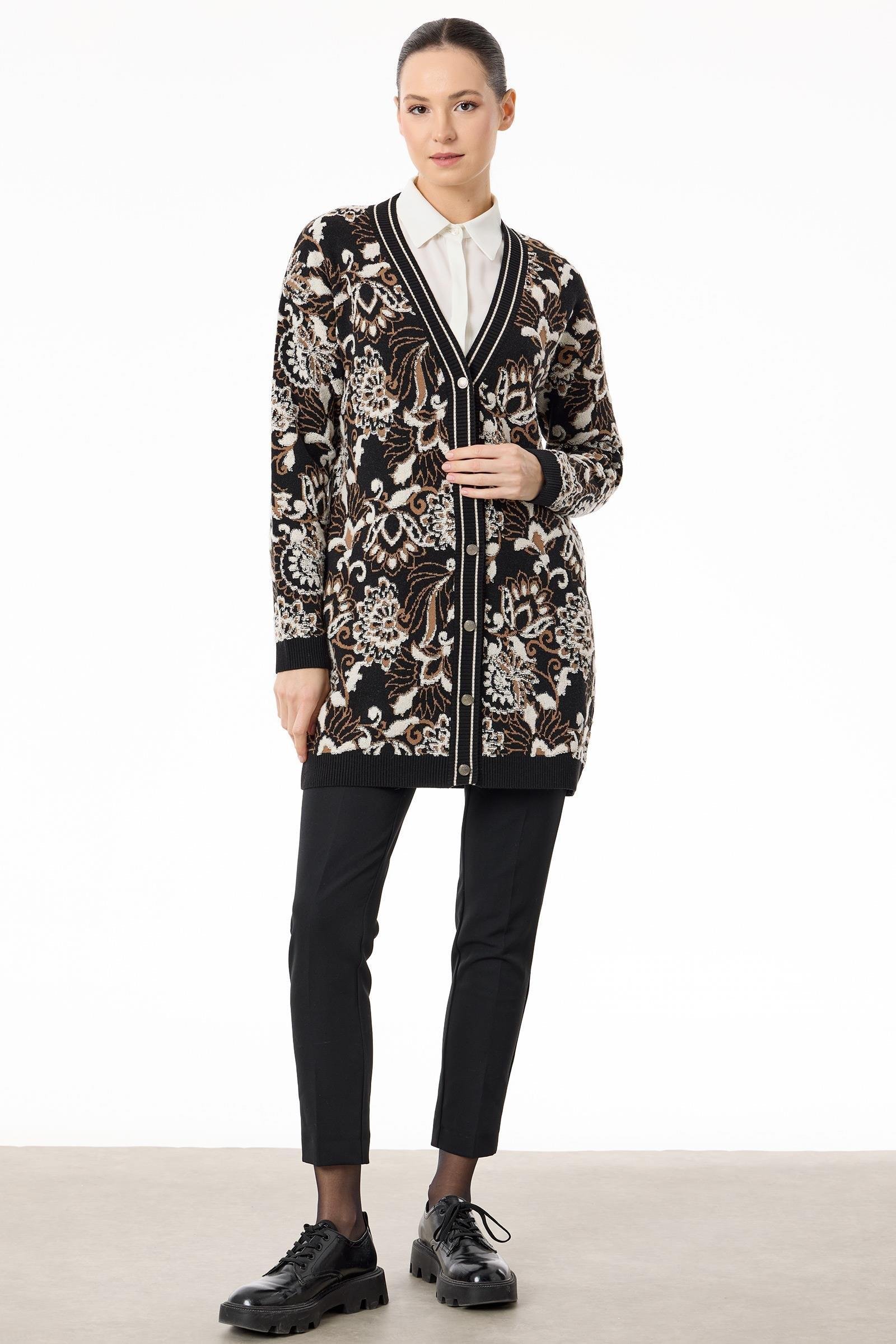 Çiçek Desenli Kabartmalı Triko Hırka SİYAH-BEJ