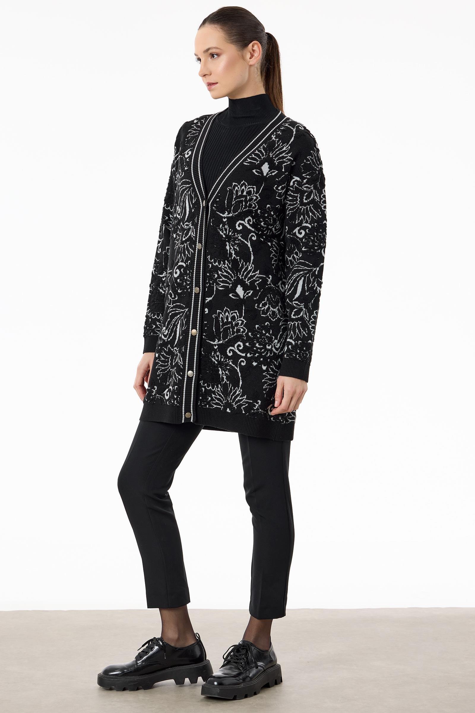 Çiçek Desenli Kabartmalı Triko Hırka SİYAH-A.GRİ